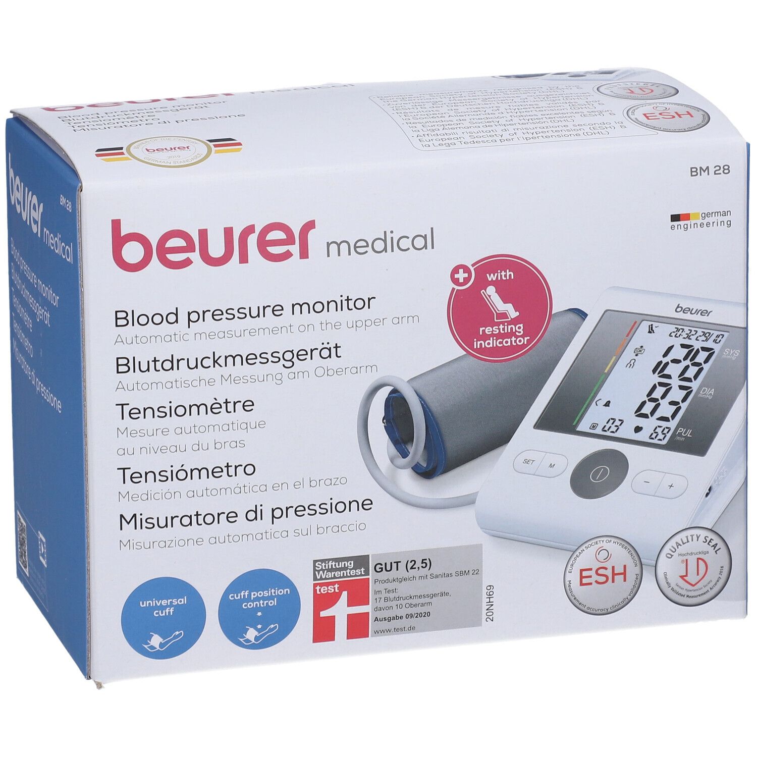 Confezione misuratore pressione. Mostra dispositivo, bracciale e display. Testo: Beurer medical, BM 28, German Engineering.