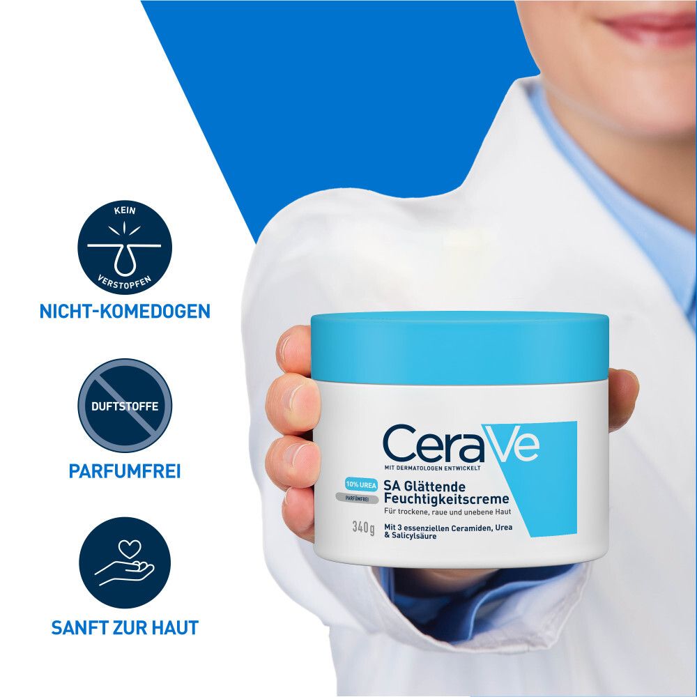 CeraVe SA Crema Idratante Levigante. Vasetto blu. Non comedogenico, senza profumo, delicato sulla pelle.