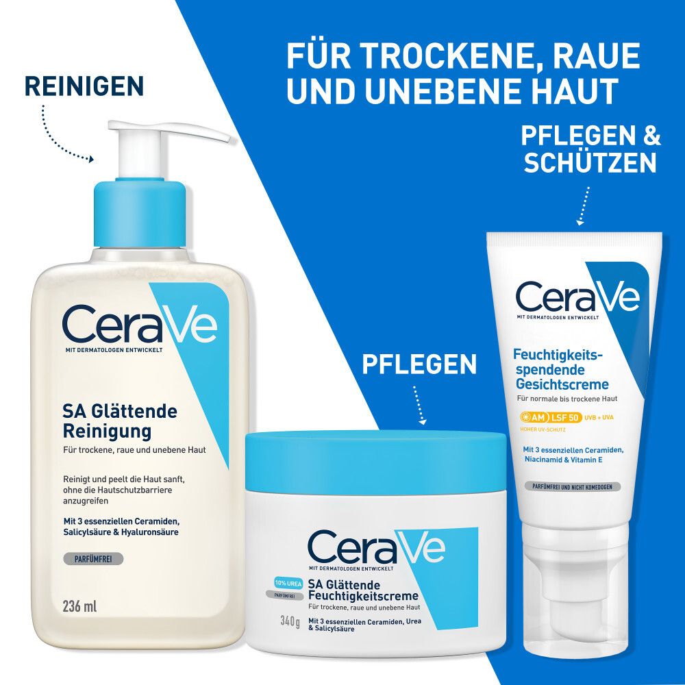 Prodotti CeraVe: SA Detergente Levigante, SA Crema Idratante Levigante, Crema Idratante Viso.