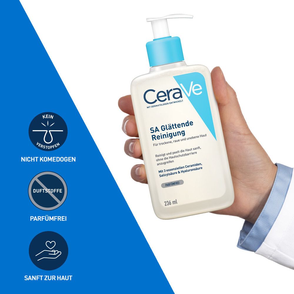 Detergente levigante CeraVe SA in flacone bianco con pompa, 236 ml.
