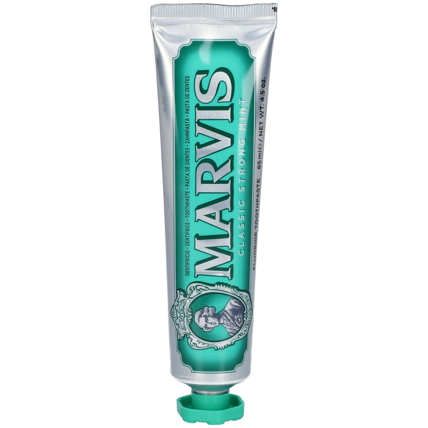 Tubo dentifricio argento e verde. MARVIS Classic Strong Mint. 85 ml/4.5 oz. Tappo verde. Logo con ritratto.
