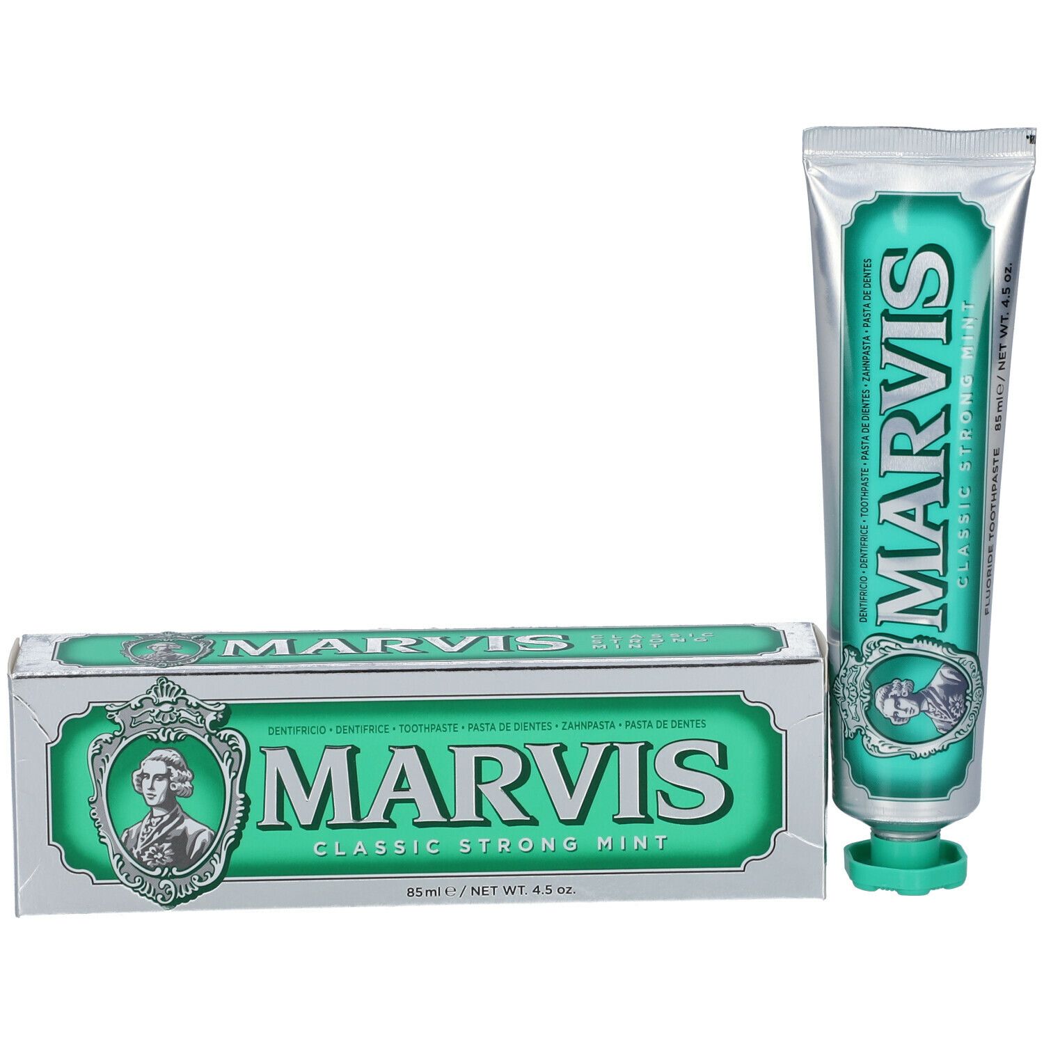 Tubo e scatola di dentifricio. MARVIS Classic Strong Mint. Argento, verde. 85 ml/4.5 oz. Logo con ritratto.