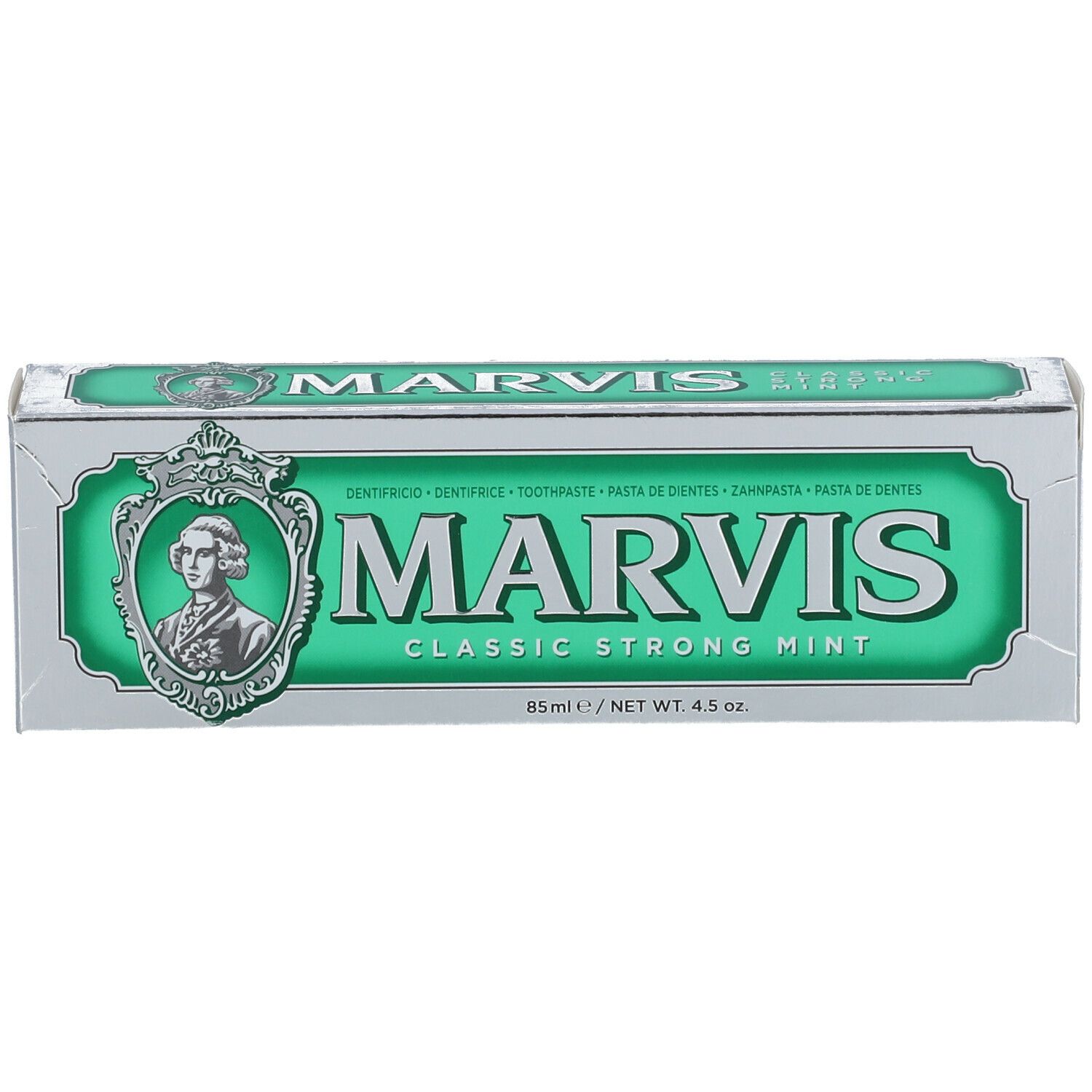 Scatola, argento, verde. MARVIS Classic Strong Mint. 85 ml/4.5 oz. Logo con ritratto. Testo multilingue.