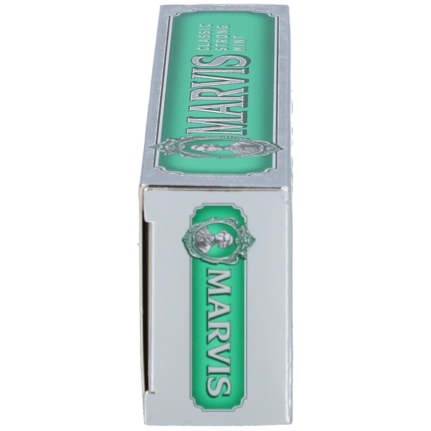 Scatola, argento, verde. MARVIS Classic Strong Mint. Logo con ritratto. Vista laterale.