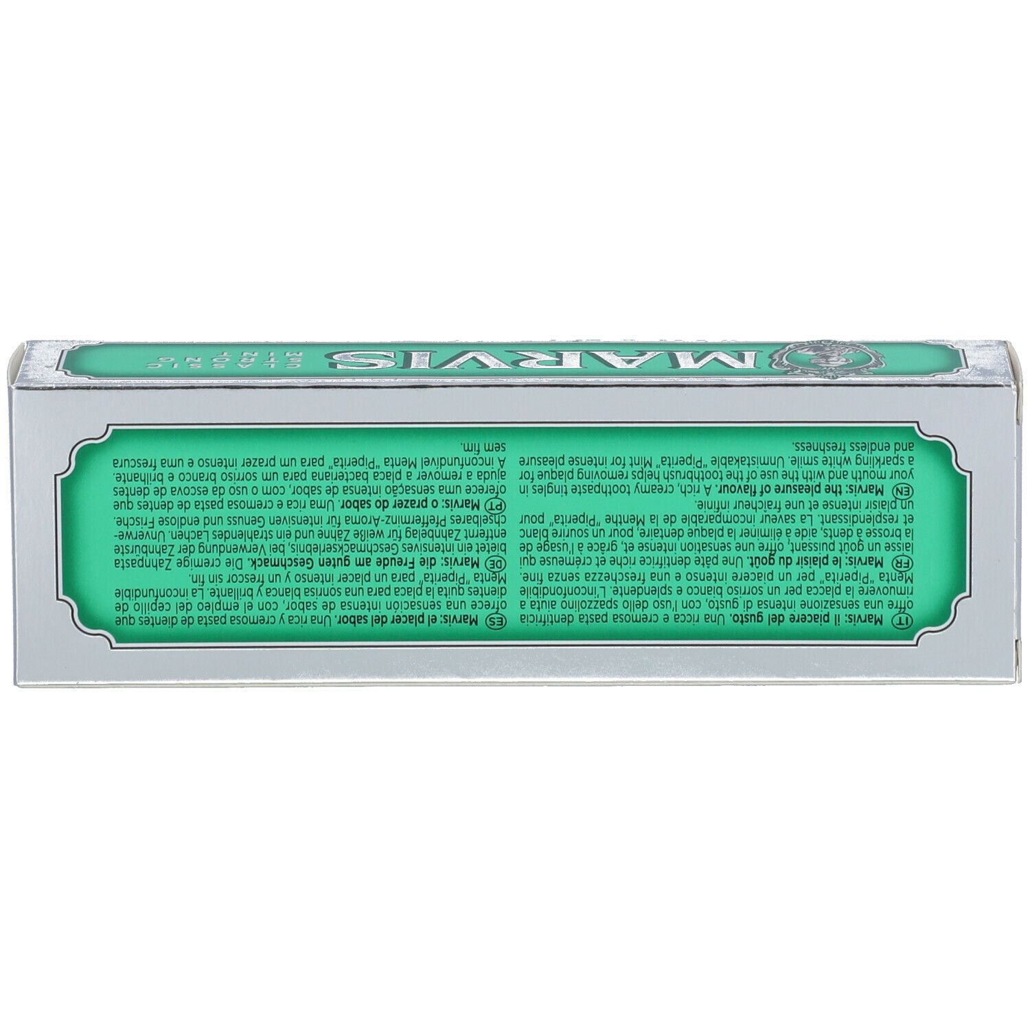 Scatola, argento, verde. MARVIS Classic Strong Mint. Testo multilingue. Logo con ritratto.