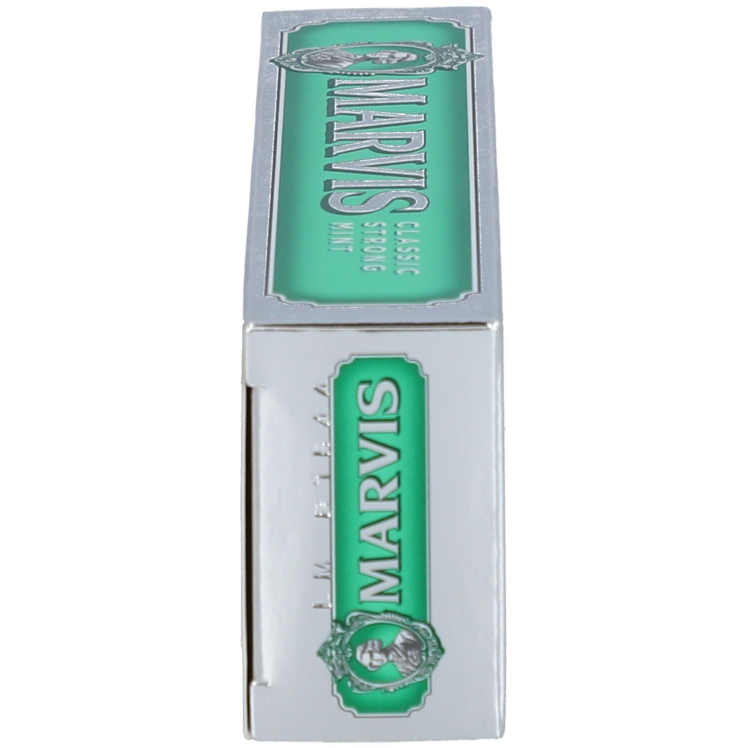 Scatola, argento, verde. MARVIS Classic Strong Mint. Logo con ritratto. Vista laterale.