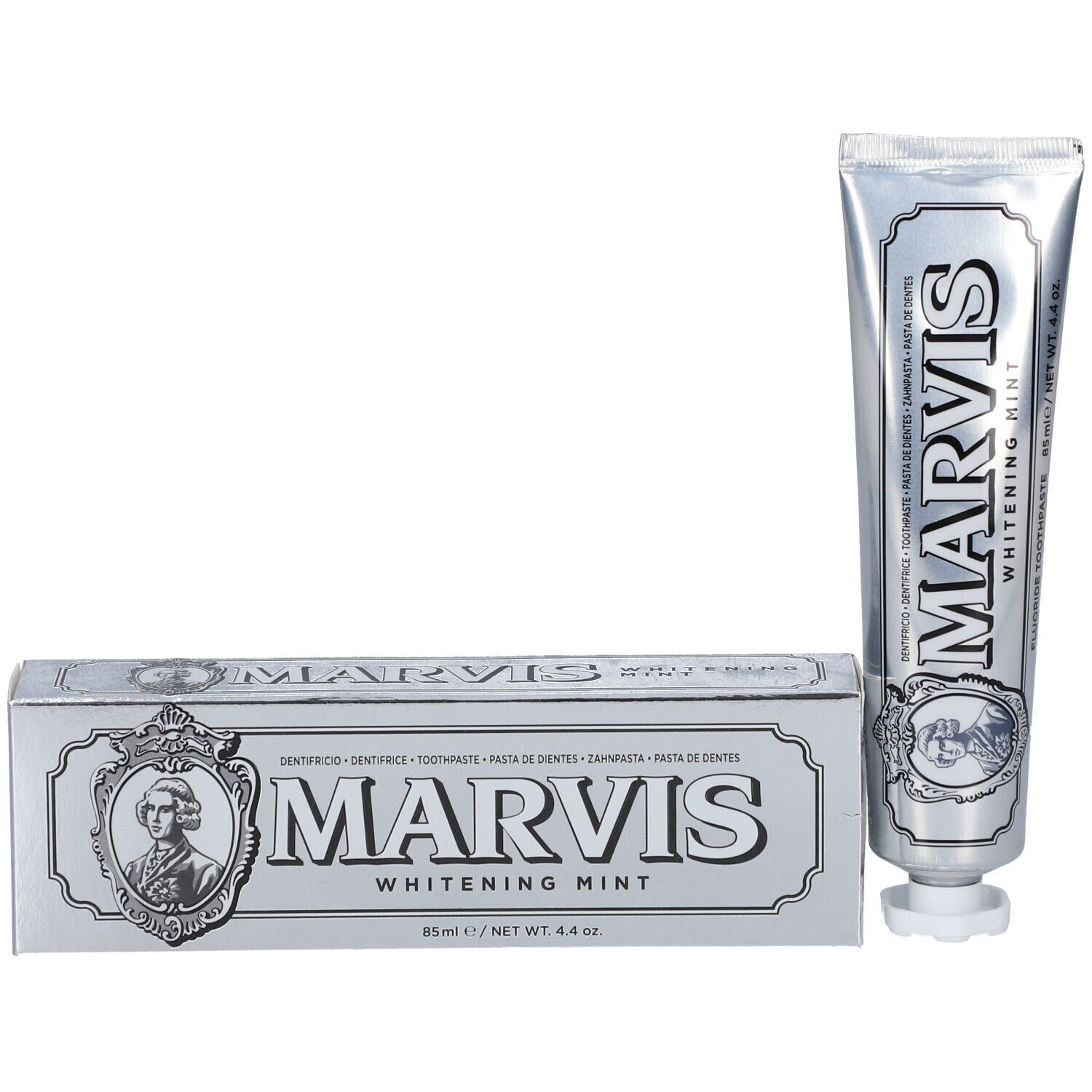 MARVIS Whitening Mint dentifricio e scatola. Argento. Testo: Dentifricio, 85ml. Immagine di un uomo in medaglione.