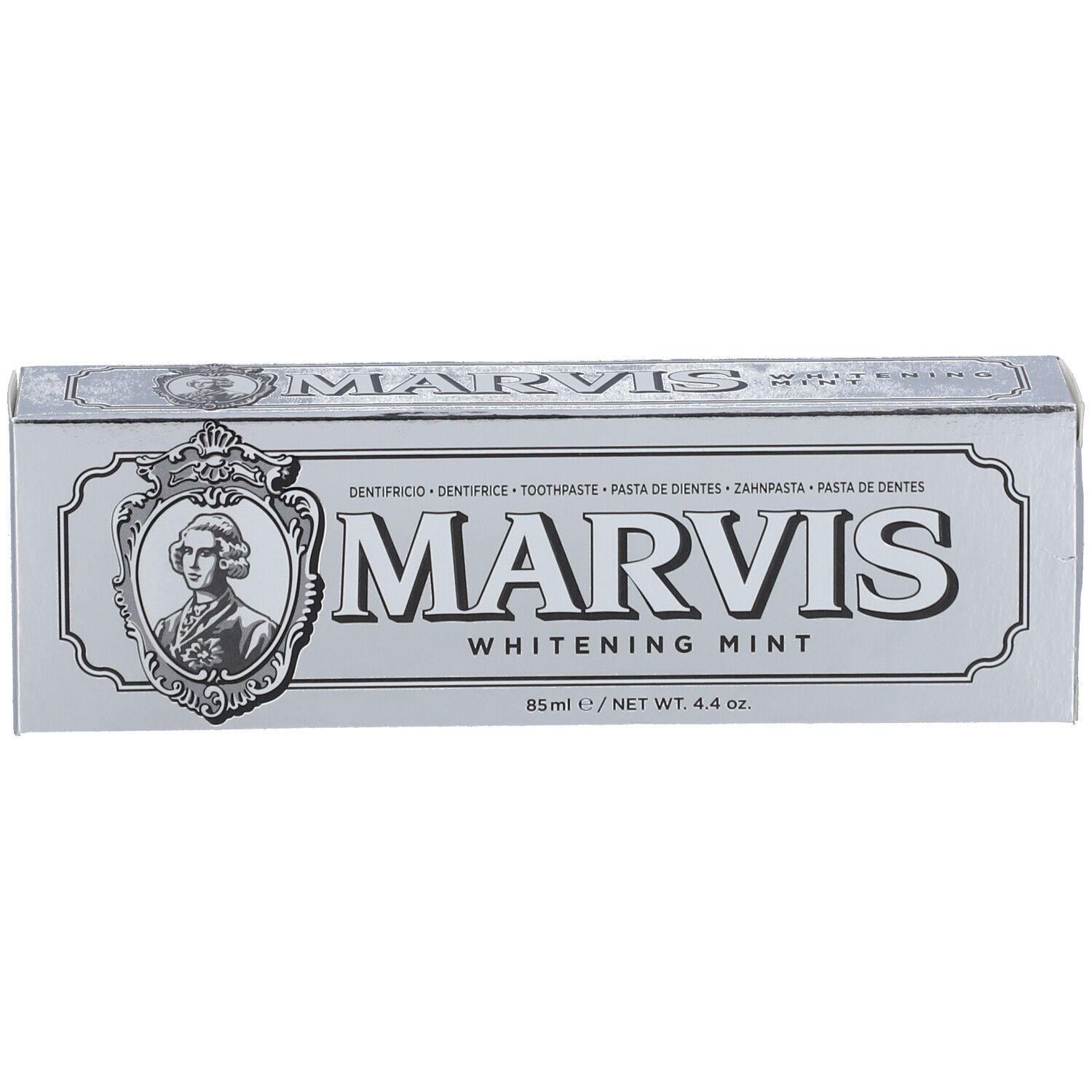 Scatola argento MARVIS Whitening Mint. Testo: Dentifricio, 85ml. Immagine di un uomo in medaglione.