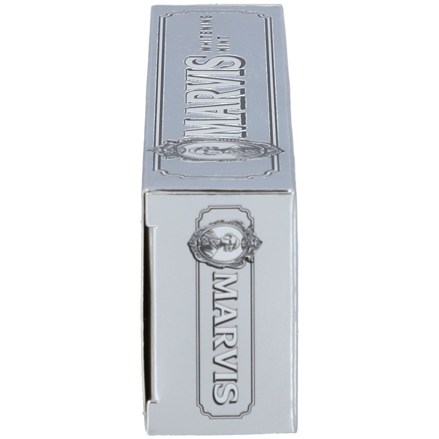 Vista laterale della scatola argento MARVIS Whitening Mint. Testo: MARVIS Whitening Mint.