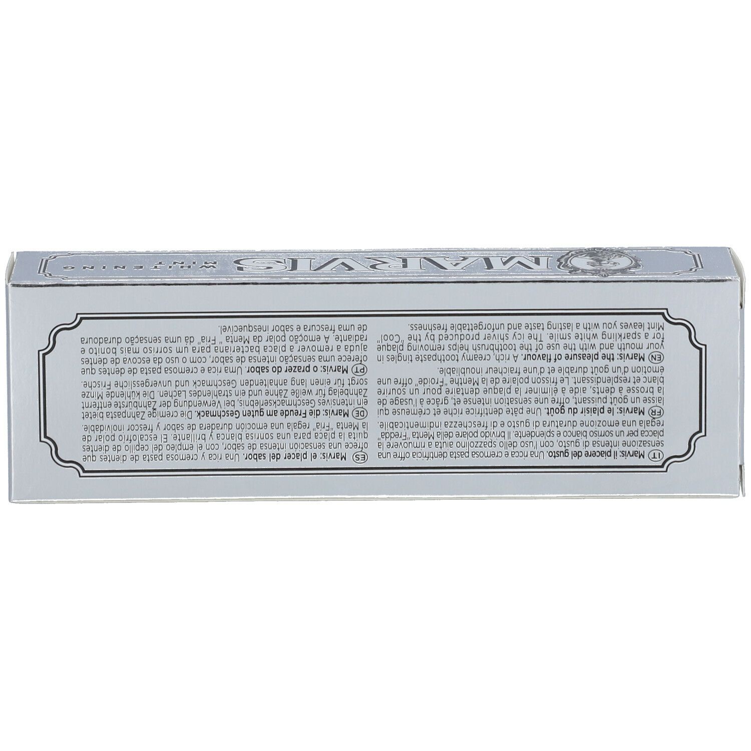 Retro della scatola argento MARVIS Whitening Mint. Testo multilingue. Ingredienti.