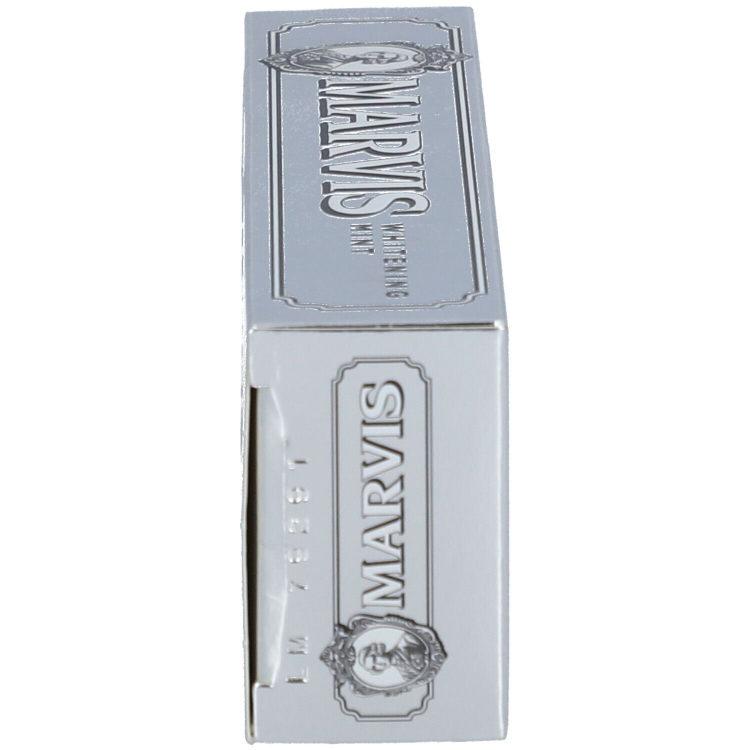 Vista laterale della scatola argento MARVIS Whitening Mint. Testo: MARVIS Whitening Mint.