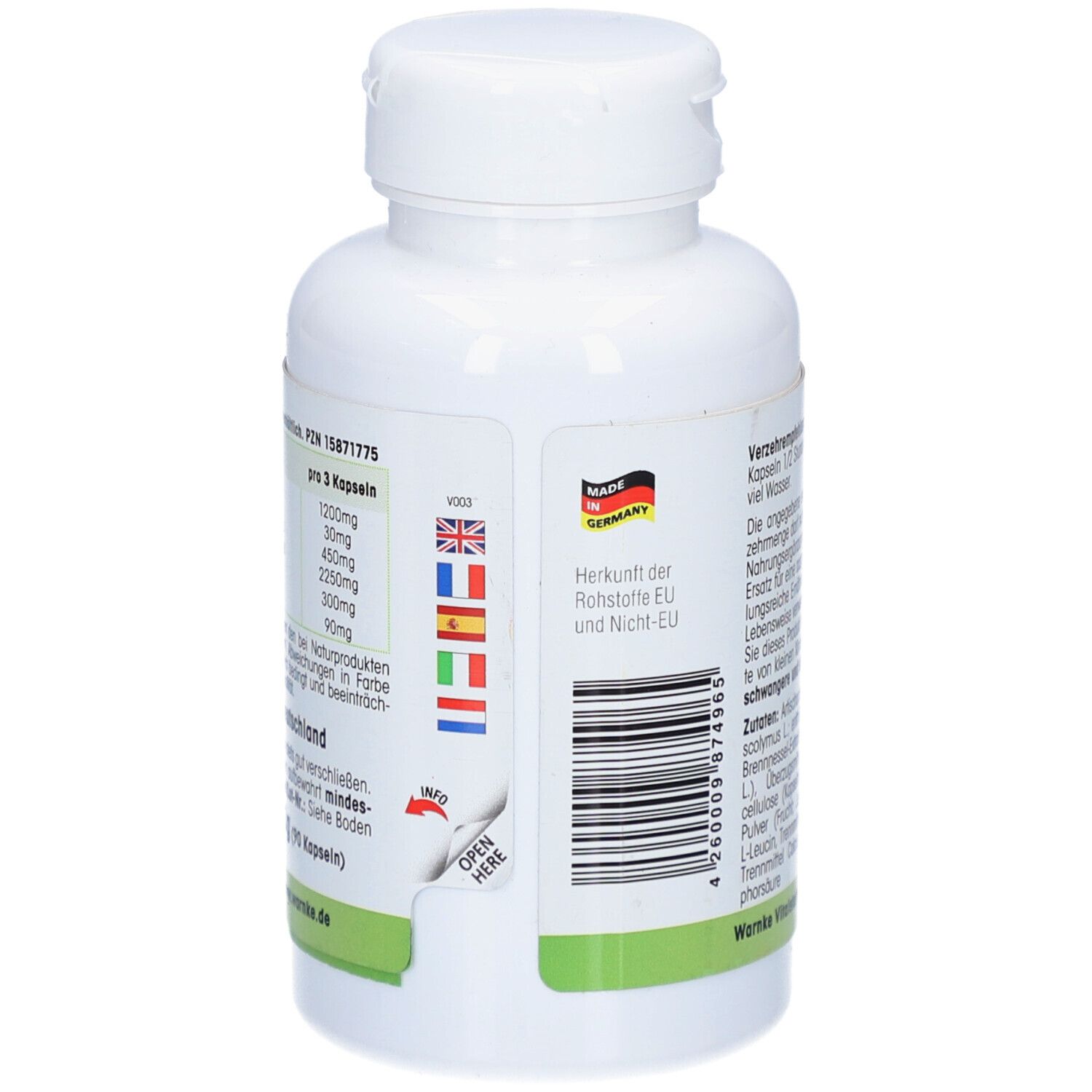 Retro del flacone. Testo: Dosaggio, ingredienti. Bandiere dei paesi dell'UE. Prodotto in Germania. Codice a barre.