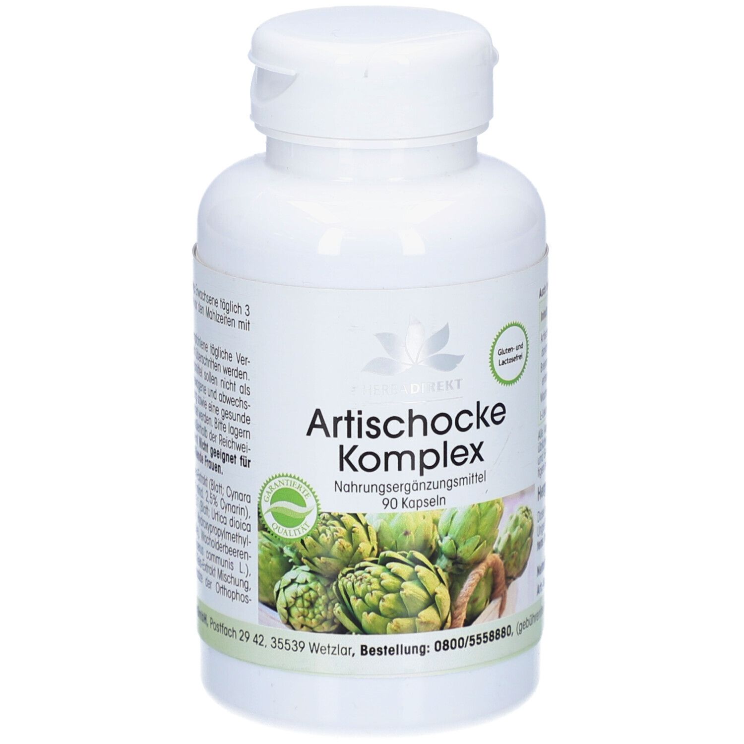 Flacone bianco di capsule. Scritta: Carciofo Complesso, 90 capsule. Confezione verde e bianca con immagine di carciofi.