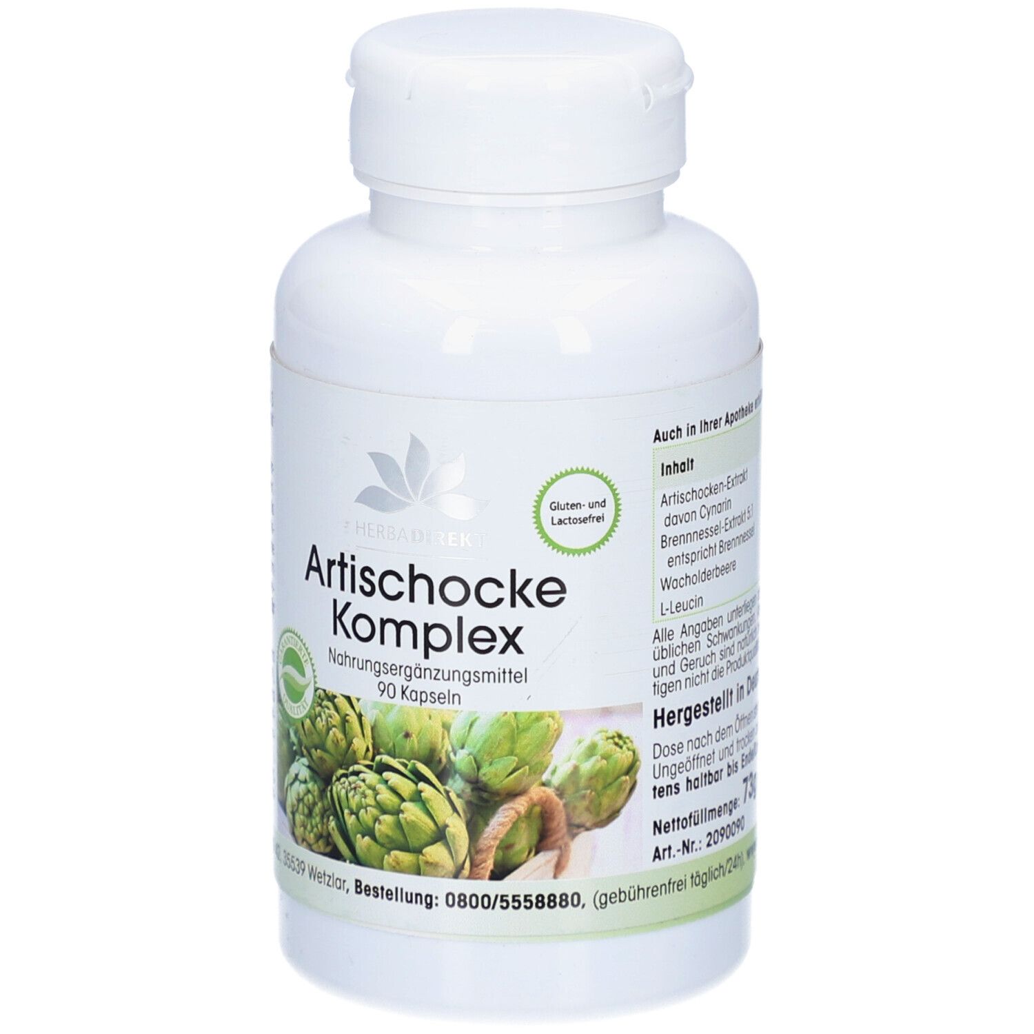 Flacone bianco di capsule. Scritta: Carciofo Complesso, 90 capsule. Confezione verde e bianca con immagine di carciofi.