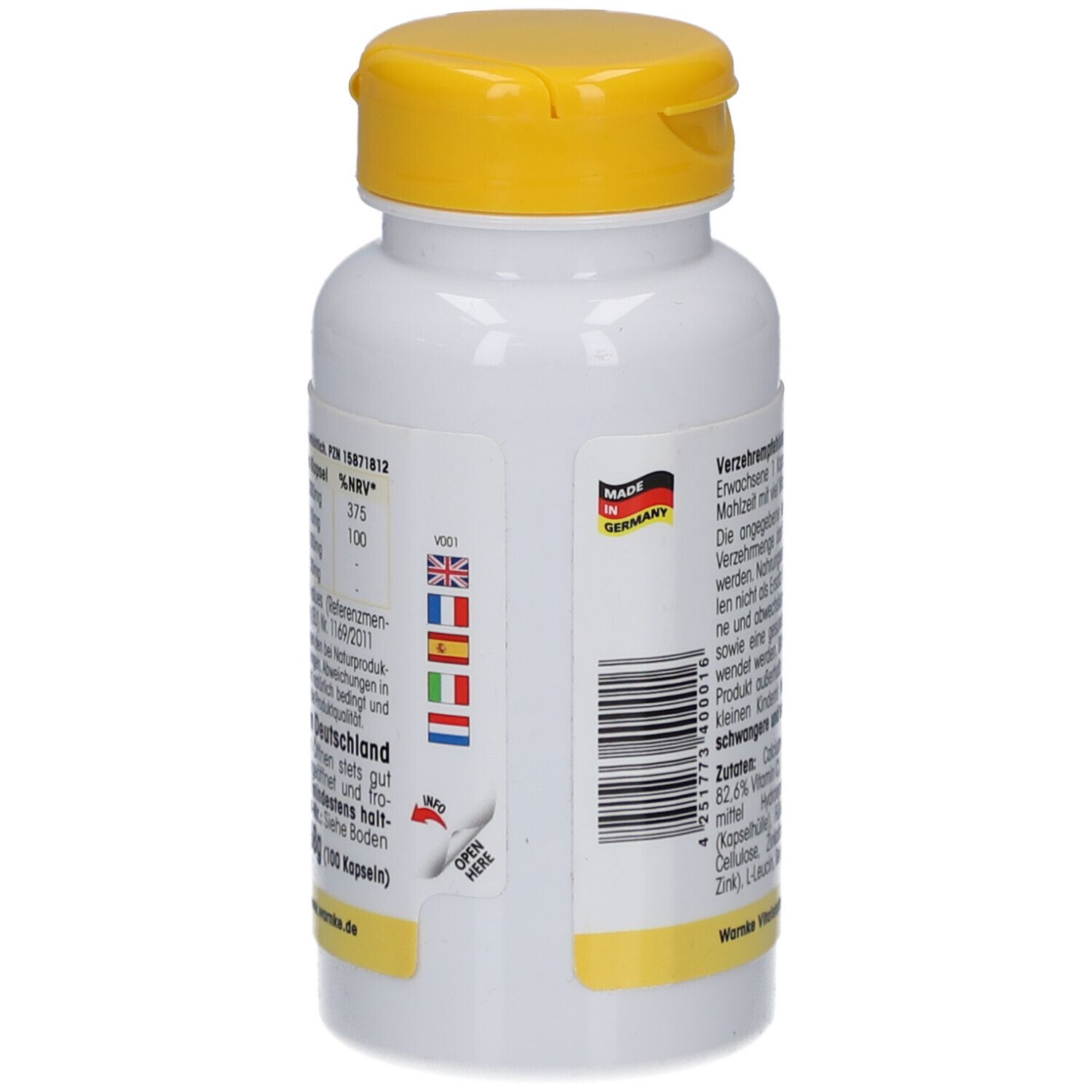 Retro del flacone. Testo: Raccomandazioni, ingredienti. Codice a barre e Made in Germany. Bandiere.