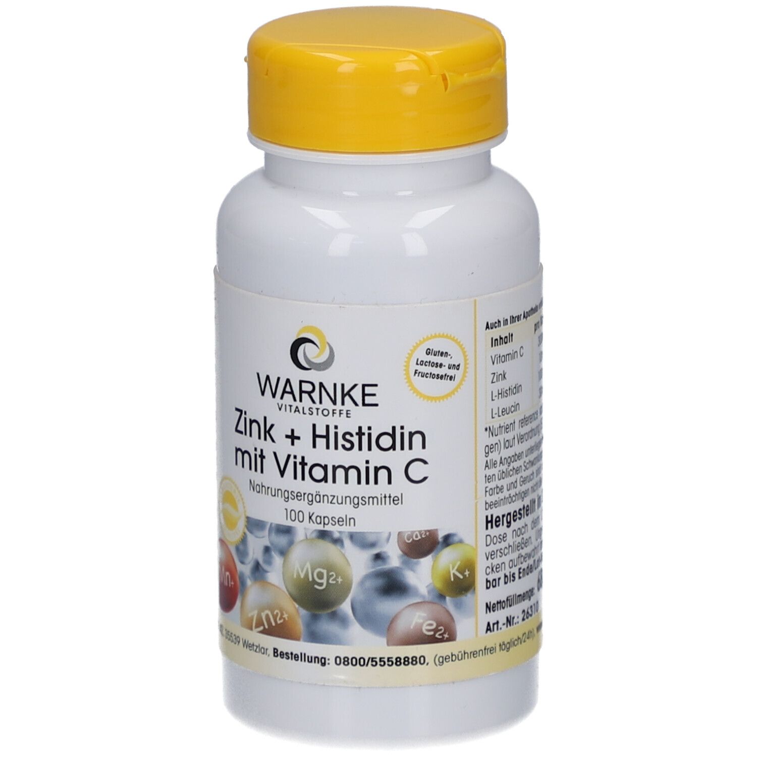 Flacone bianco con tappo giallo. Scritta: WARNKE Vitalstoffe, Zinco + Istidina con vitamina C. 100 capsule. Senza glutine e lattosio.