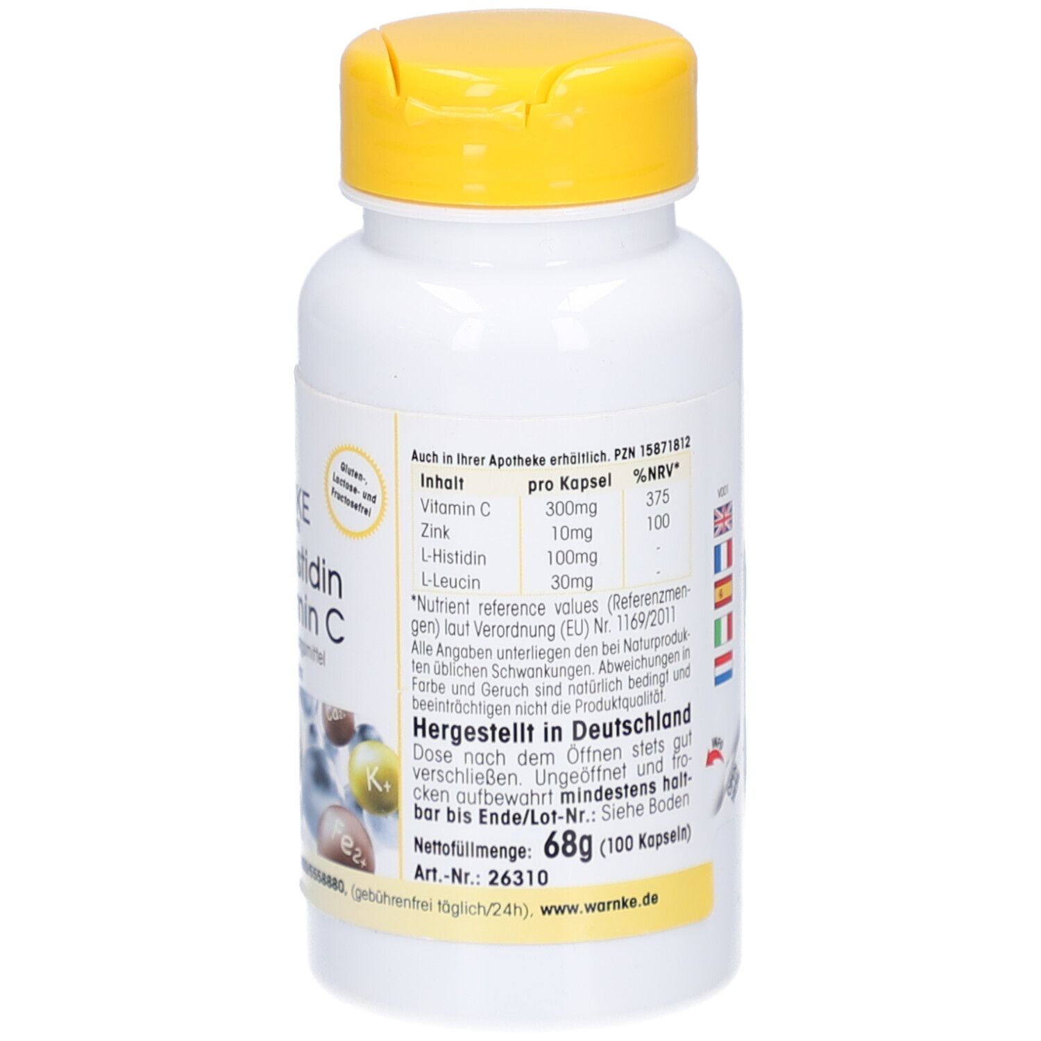 Retro del flacone. Testo: Ingredienti, per capsula, %VNR. Prodotto in Germania. 68g (100 capsule).