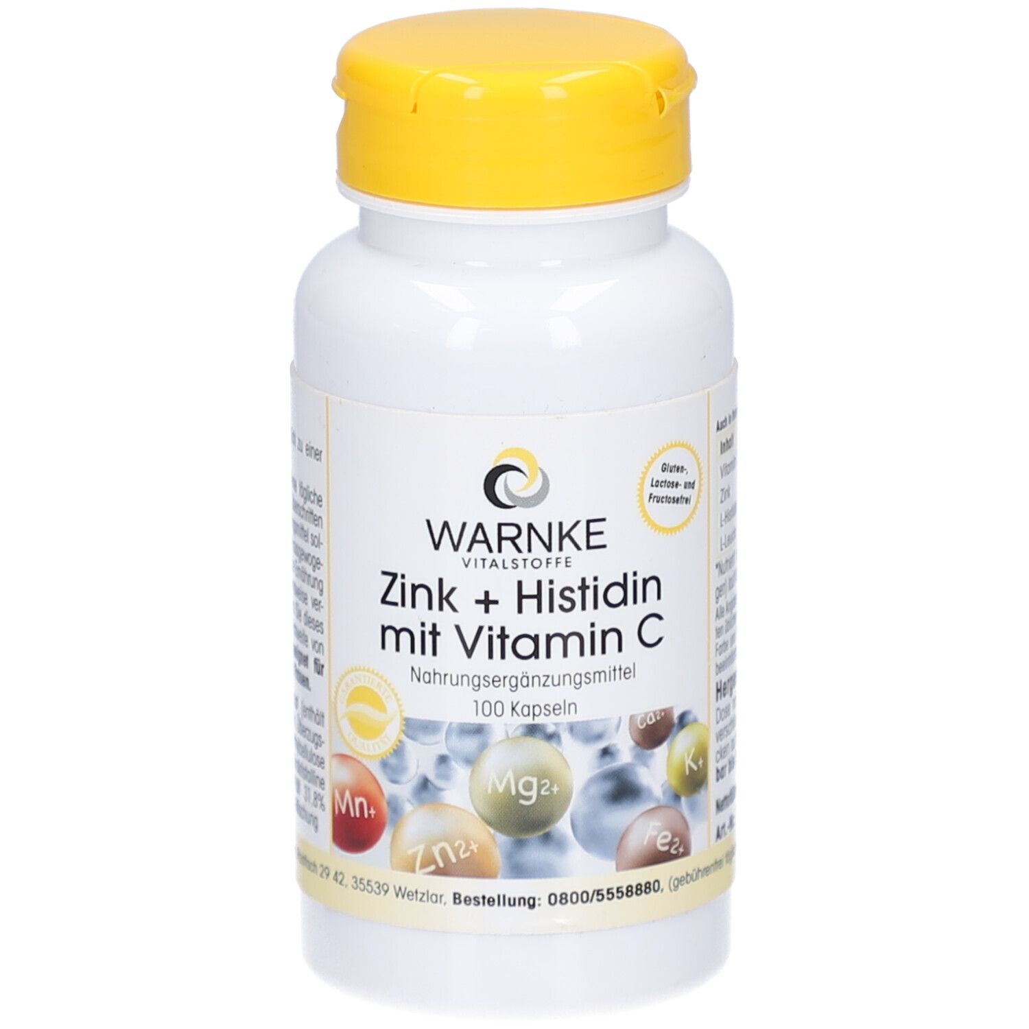 Flacone bianco con tappo giallo. Scritta: WARNKE Vitalstoffe, Zinco + Istidina con vitamina C. 100 capsule.