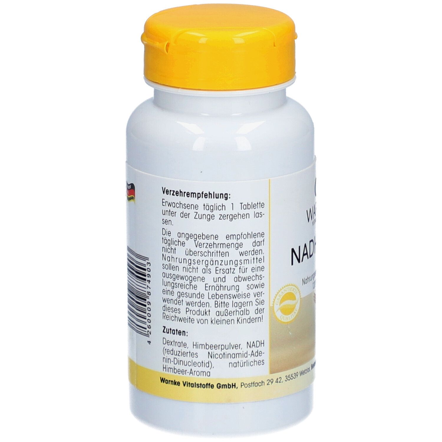 Retro del flacone bianco con tappo giallo. Testo: Raccomandazioni, ingredienti. Warnke Vitalstoffe. Prodotto in Germania.