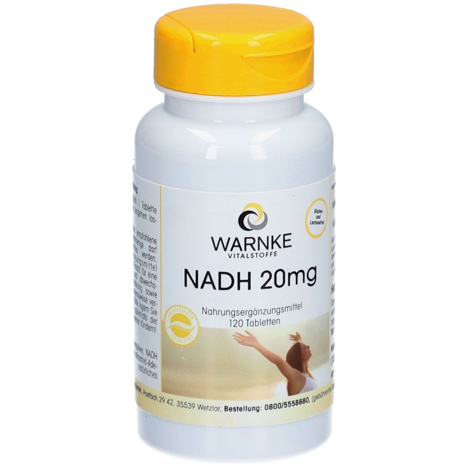Flacone bianco con tappo giallo. Scritta: WARNKE, NADH 20mg, 120 compresse. Integratore alimentare. Donna con le braccia alzate.