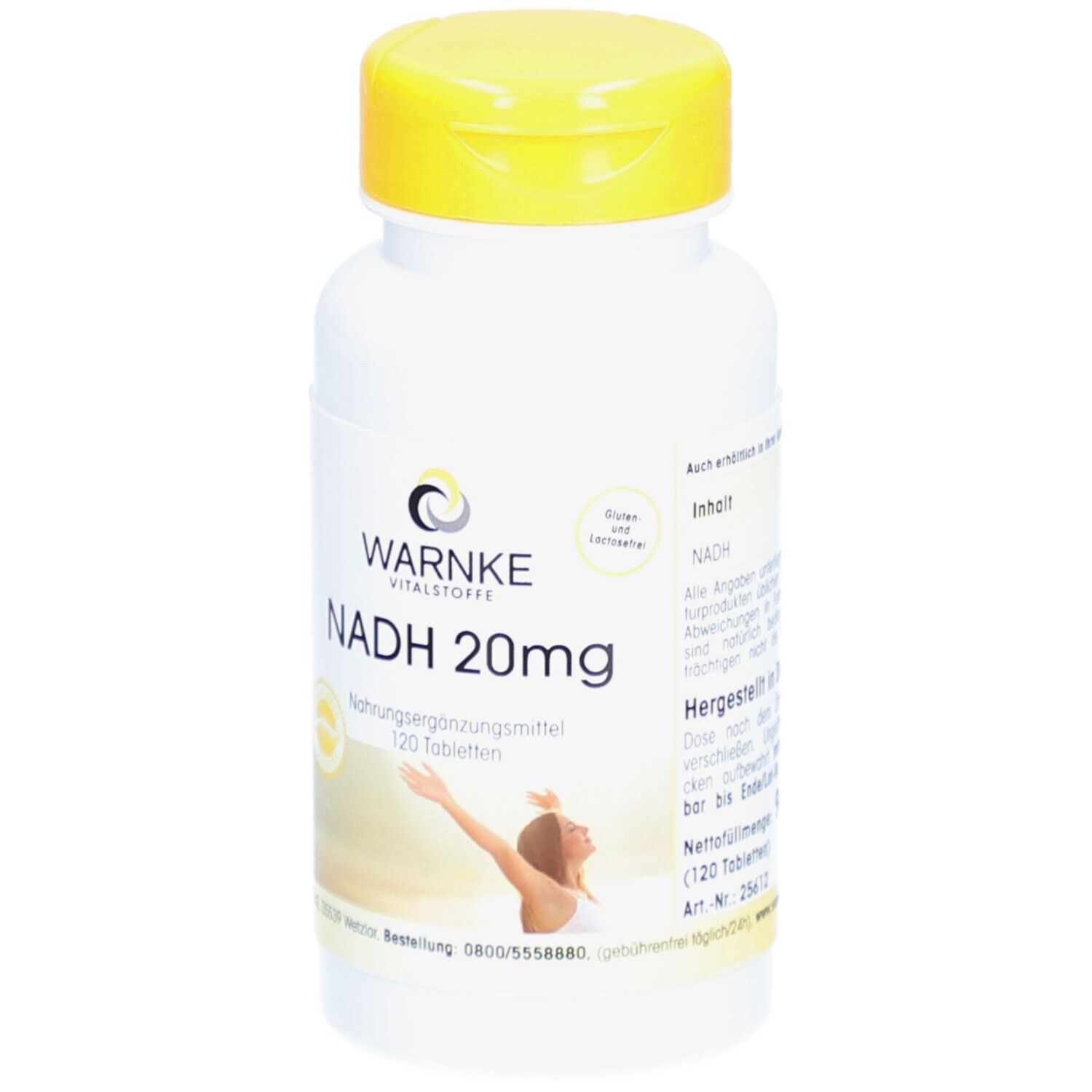 Flacone bianco con tappo giallo. Scritta: WARNKE, NADH 20mg, 120 compresse. Integratore alimentare. Donna con le braccia alzate.