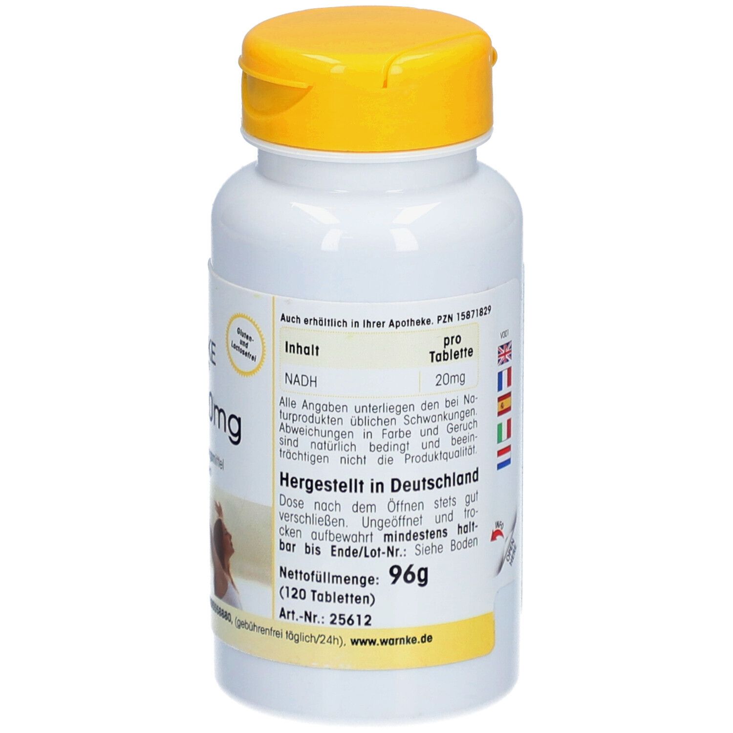 Retro del flacone bianco con tappo giallo. Testo: Contenuto, per compressa, peso netto 96g. Prodotto in Germania.