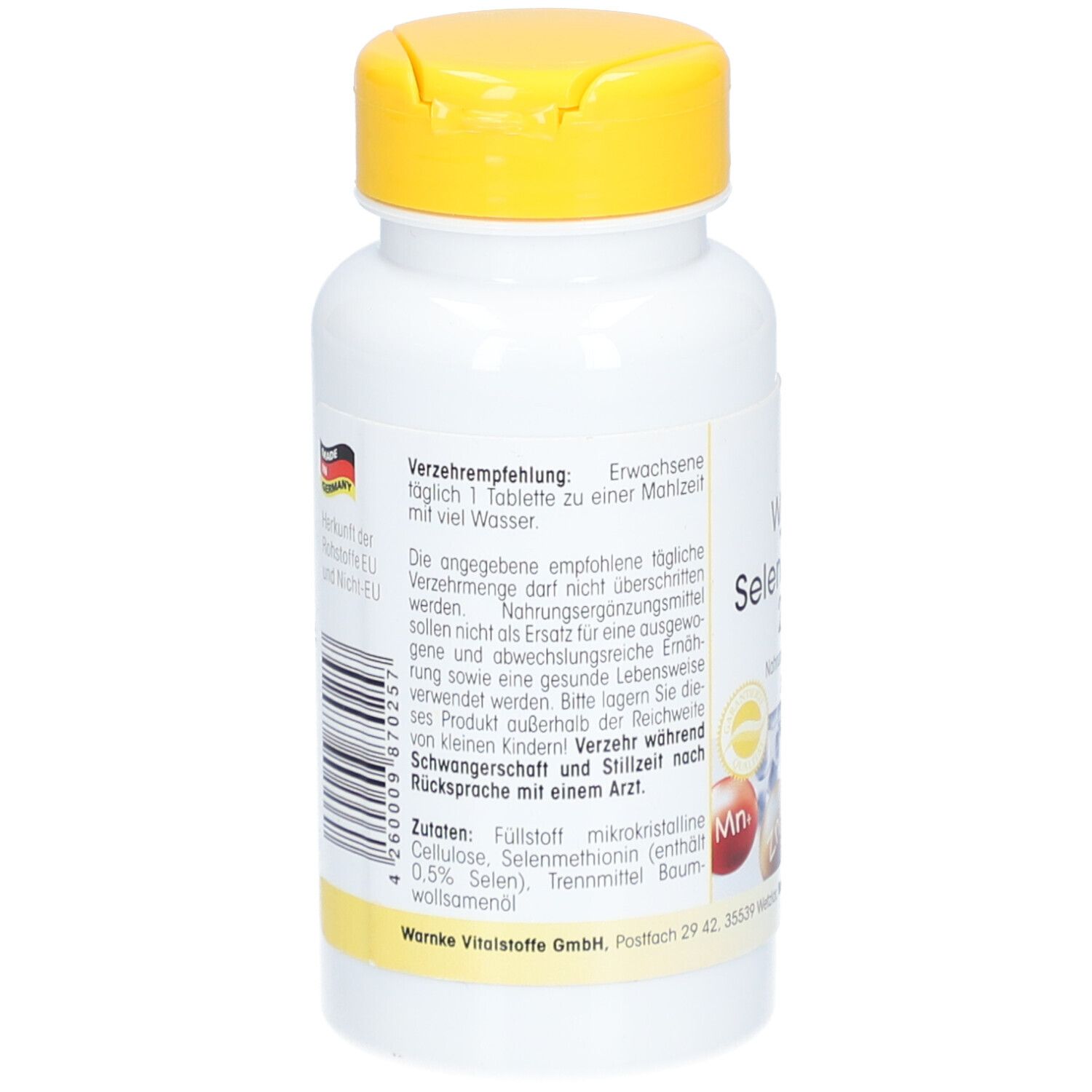 Retro del flacone bianco con tappo giallo. Testo: Raccomandazioni, ingredienti, avvertenze. Con bandiera tedesca.