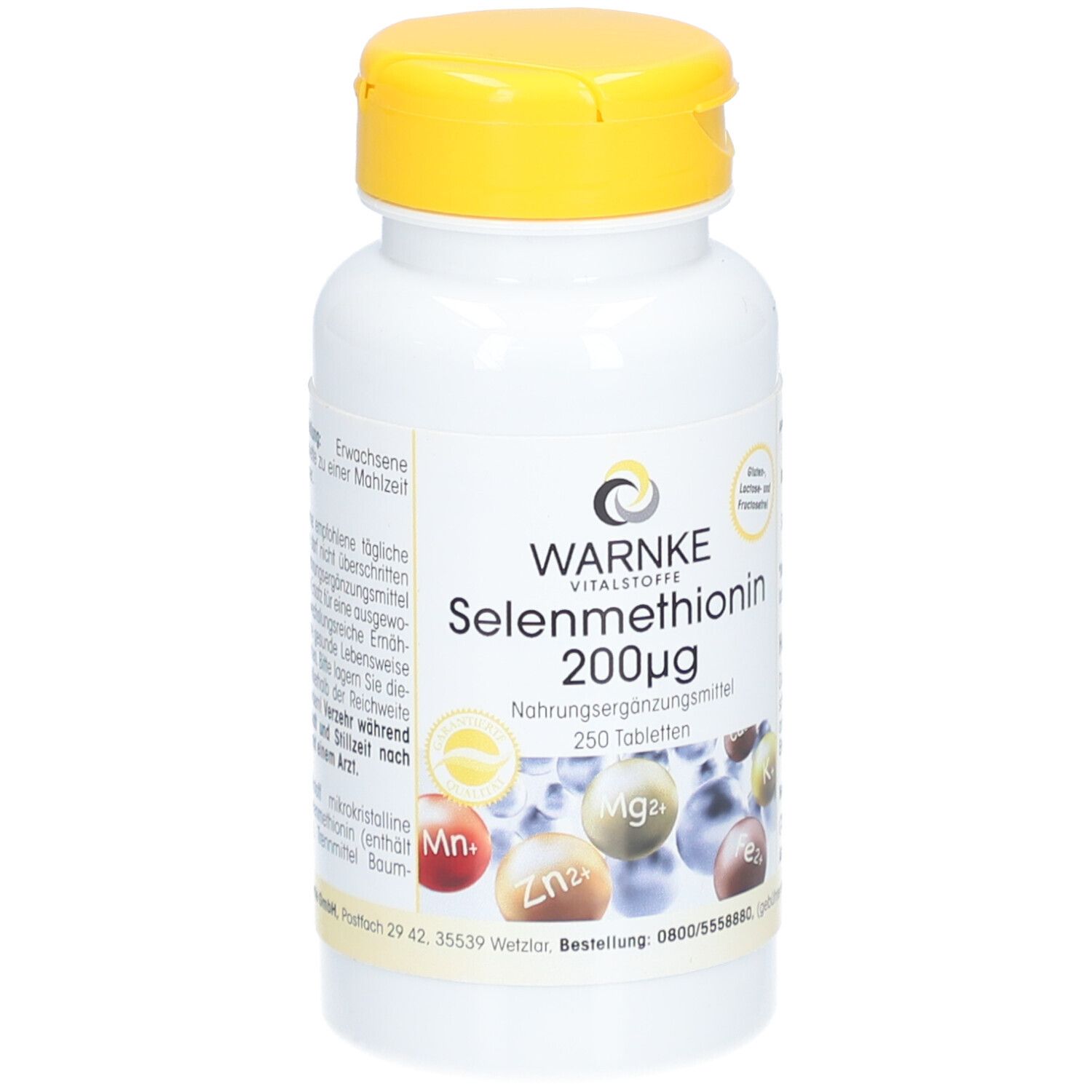 Flacone bianco con tappo giallo. Scritta: WARNKE Seleniometionina 200mcg, 250 compresse. Integratore alimentare.