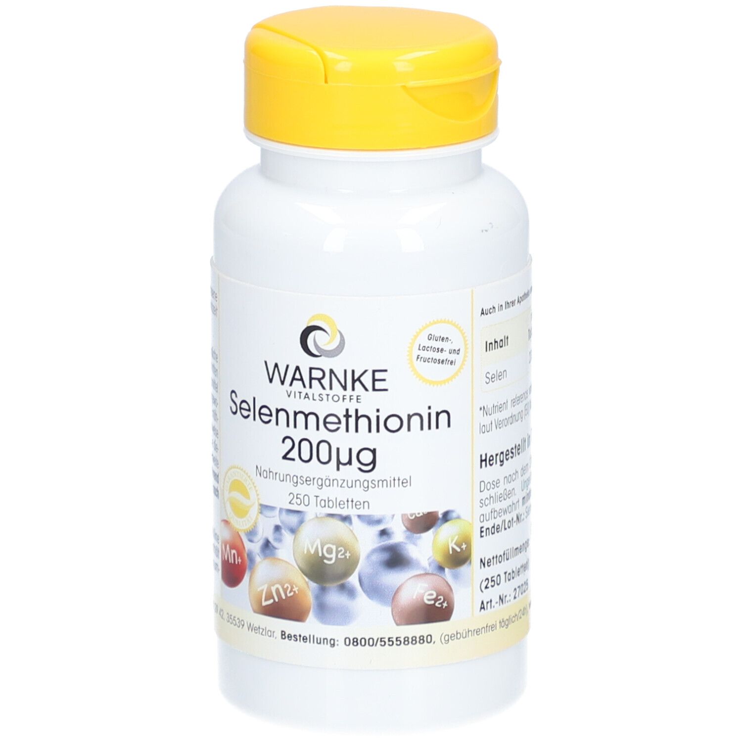 Flacone bianco con tappo giallo. Scritta: WARNKE Seleniometionina 200mcg, 250 compresse. Integratore alimentare.