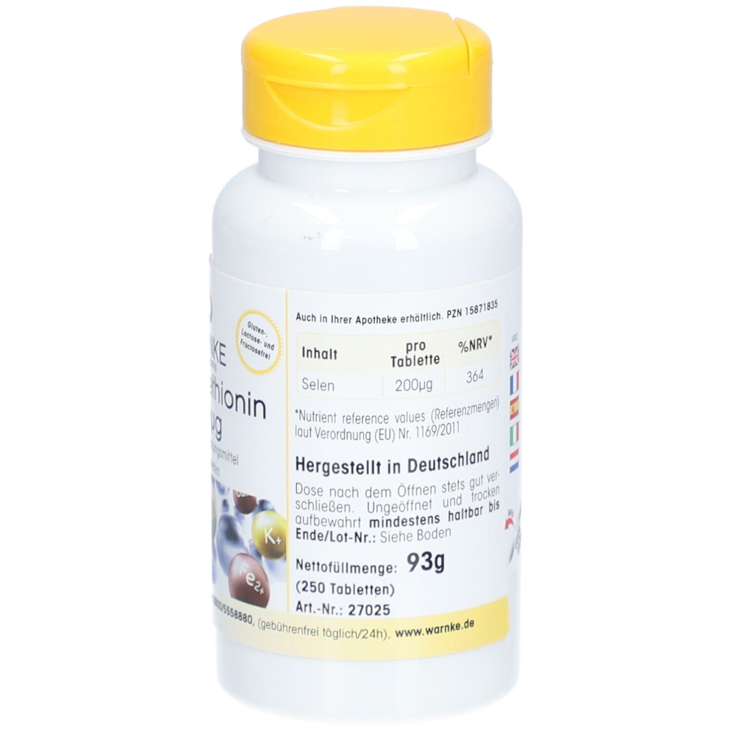 Retro del flacone bianco con tappo giallo. Testo: Contenuto, informazioni nutrizionali, prodotto in Germania, peso netto 93g.