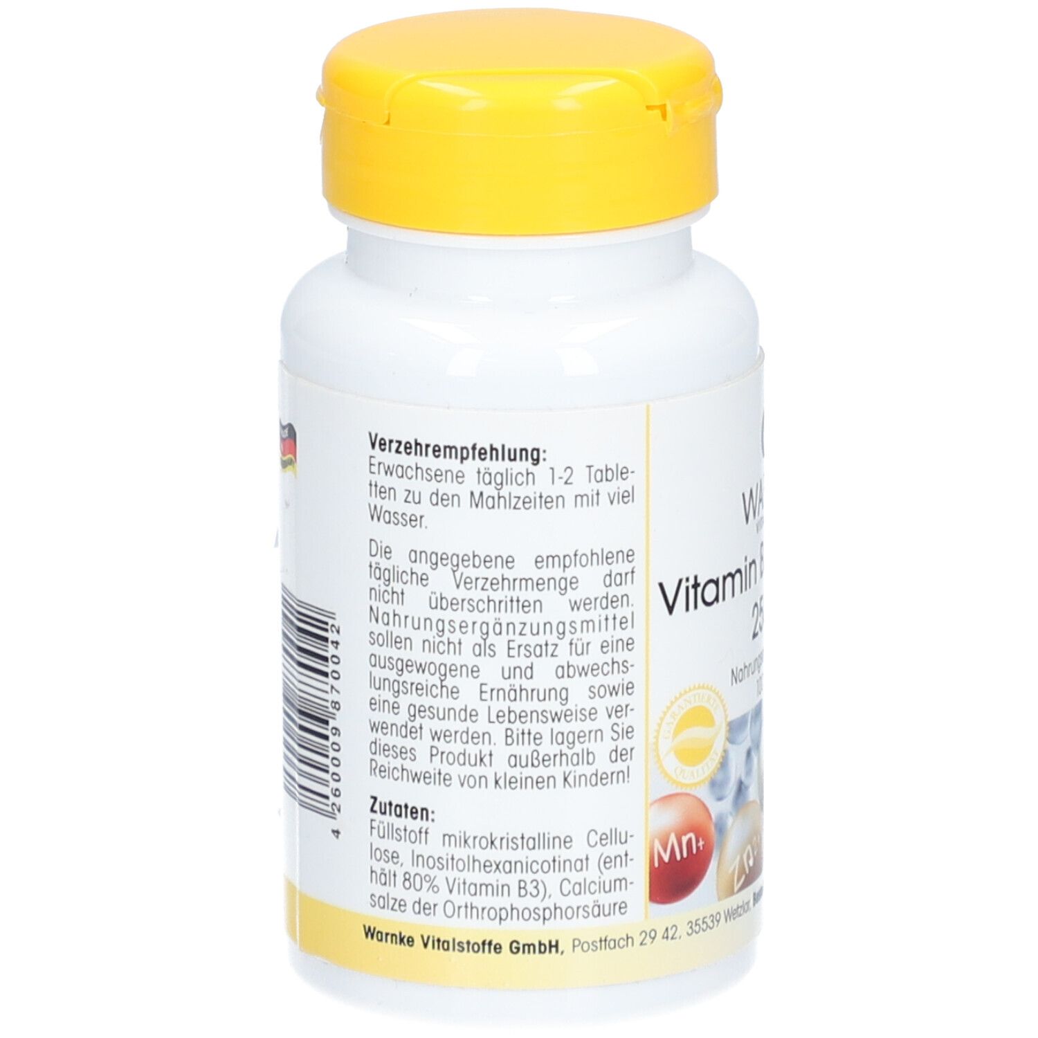 Retro del flacone bianco con tappo giallo. Testo: Raccomandazioni, ingredienti, Warnke Vitalstoffe.