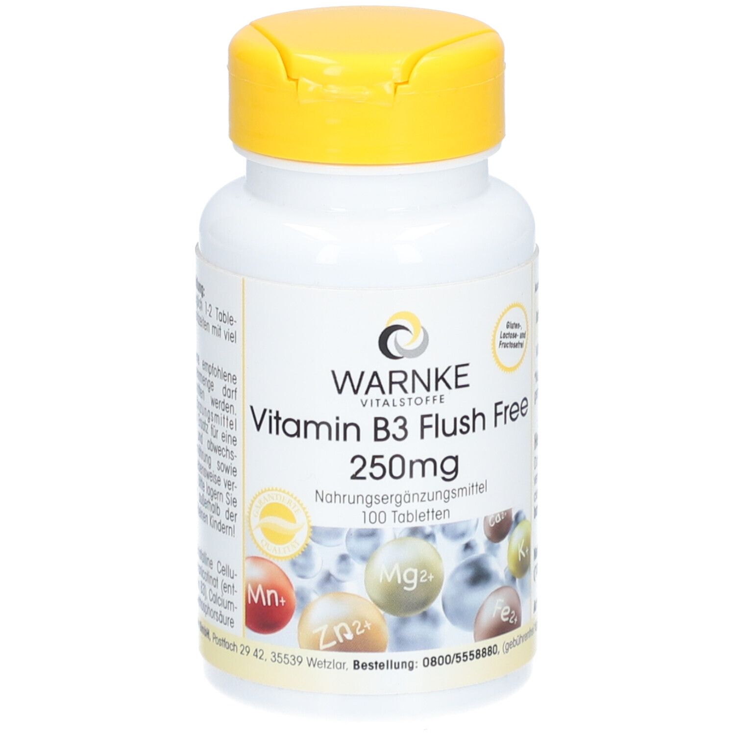 Flacone bianco con tappo giallo. Scritta: WARNKE Vitamina B3 Flush Free 250mg. 100 compresse. Integratore alimentare.