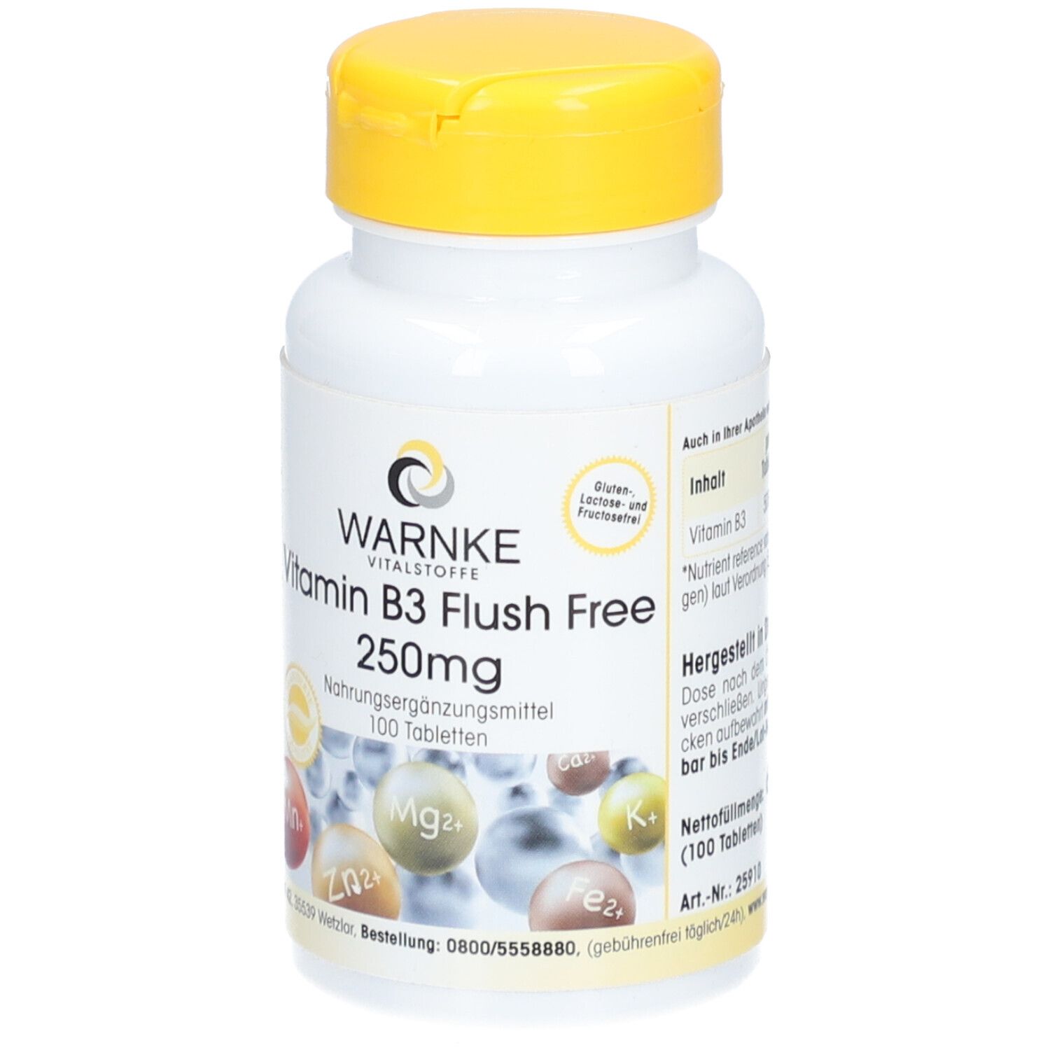 Flacone bianco con tappo giallo. Scritta: WARNKE Vitamina B3 Flush Free 250mg. 100 compresse. Integratore alimentare.