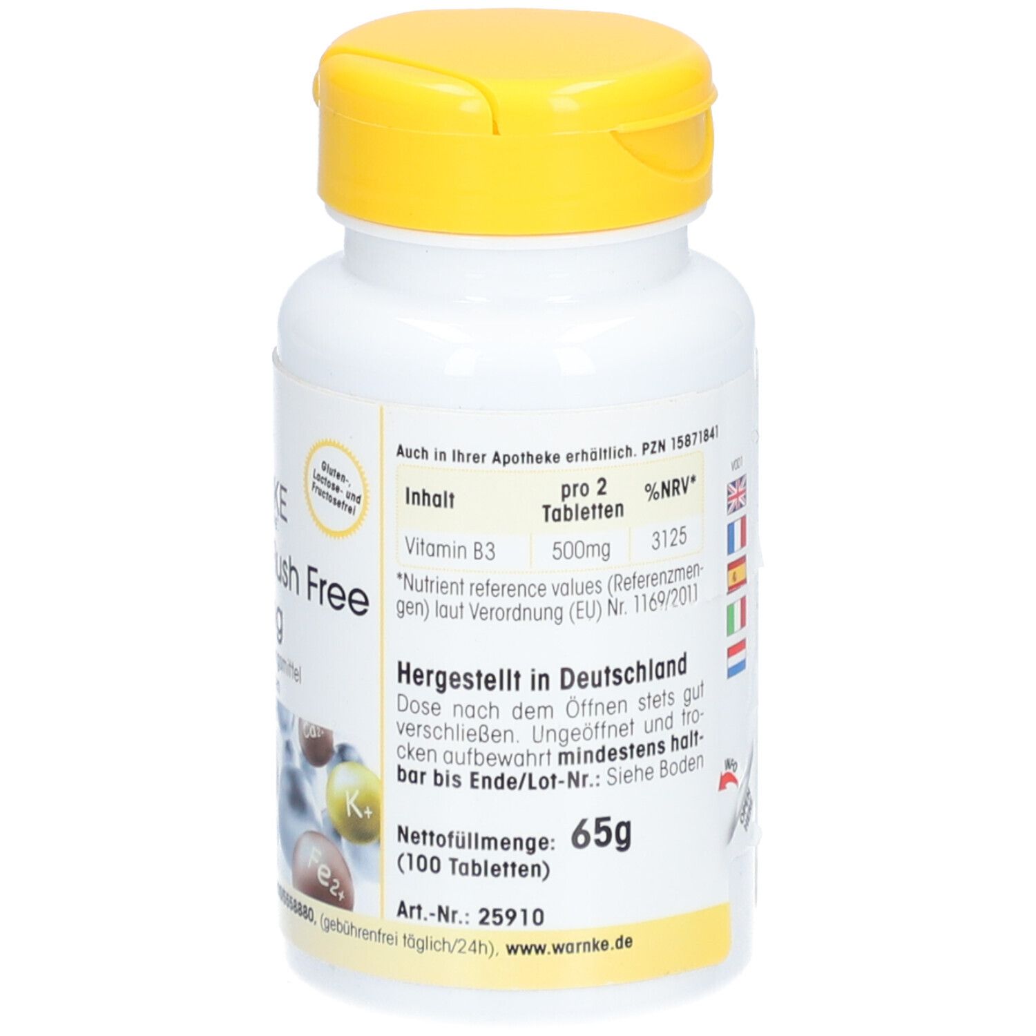 Flacone bianco con tappo giallo. Testo: Vitamina B3, peso netto 65g, 100 compresse. Made in Germany.
