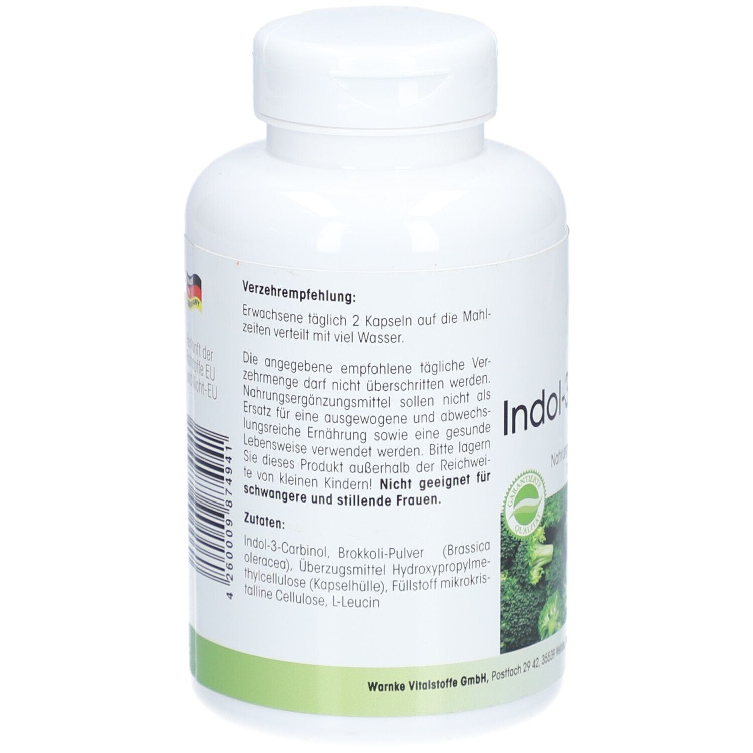 Retro del flacone bianco. Testo: Raccomandazioni per l'uso, ingredienti. Immagine di broccoli. Testo: Non adatto alle donne incinte.