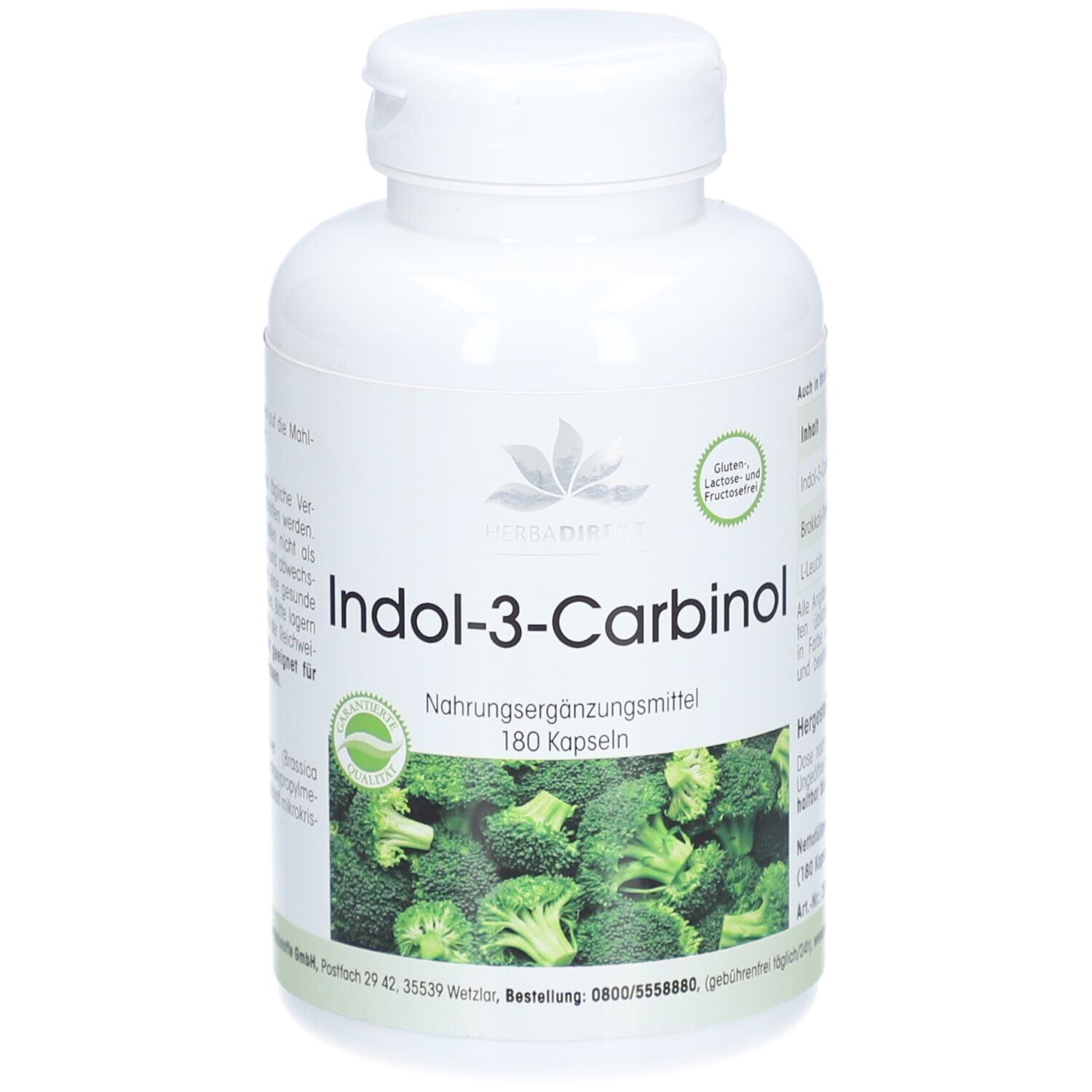 Flacone bianco con tappo a vite. Scritta: Indol-3-Carbinol, 180 capsule. Immagine di broccoli. Sigillo.