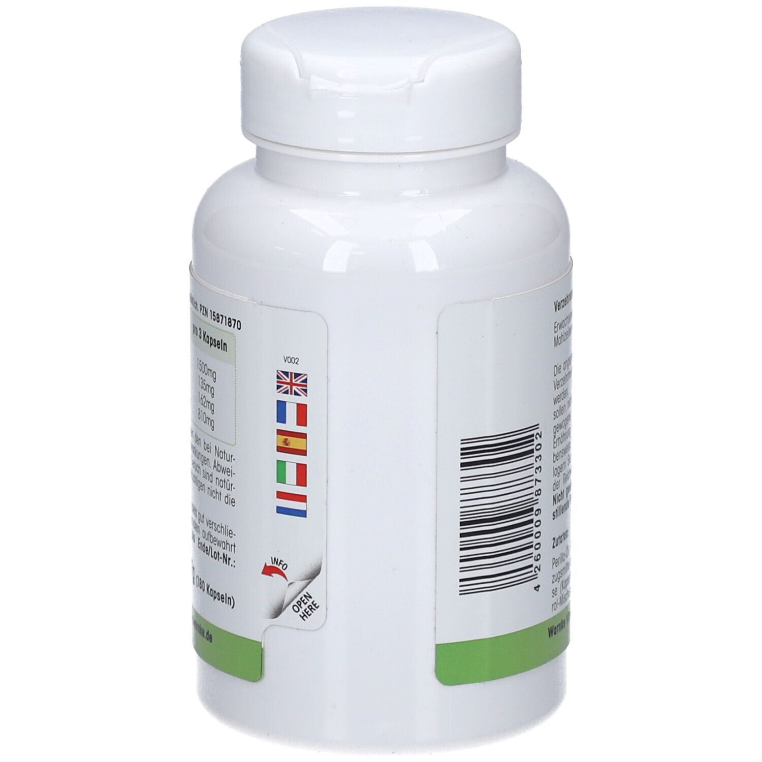 Flacone bianco, vista laterale. Codice a barre e bandiere multilingue. Scritta: Perilla-Öl.