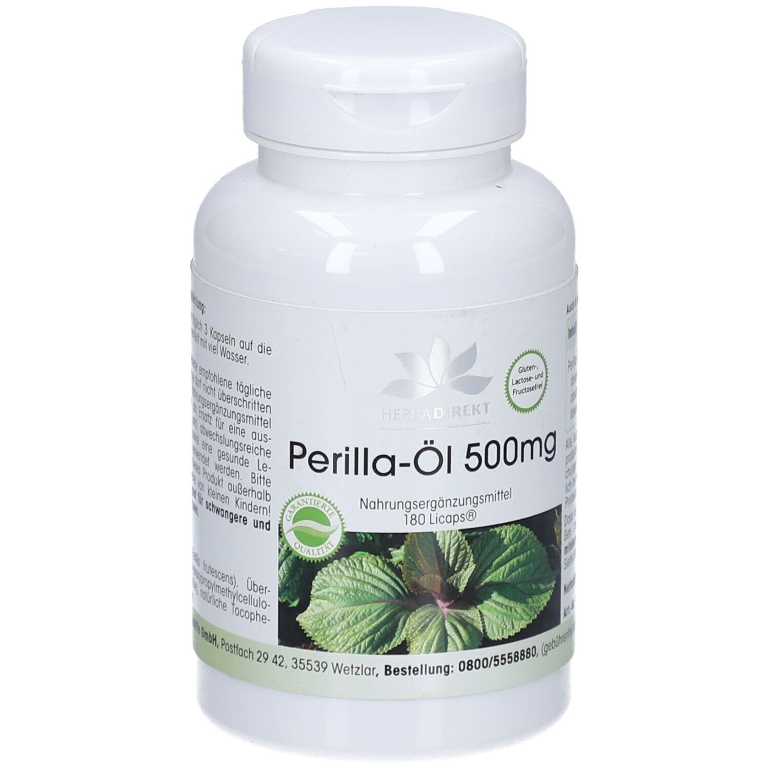 Flacone bianco con tappo a vite. Scritta: Perilla-Öl 500mg, 180 Licaps. Logo e immagine di pianta.