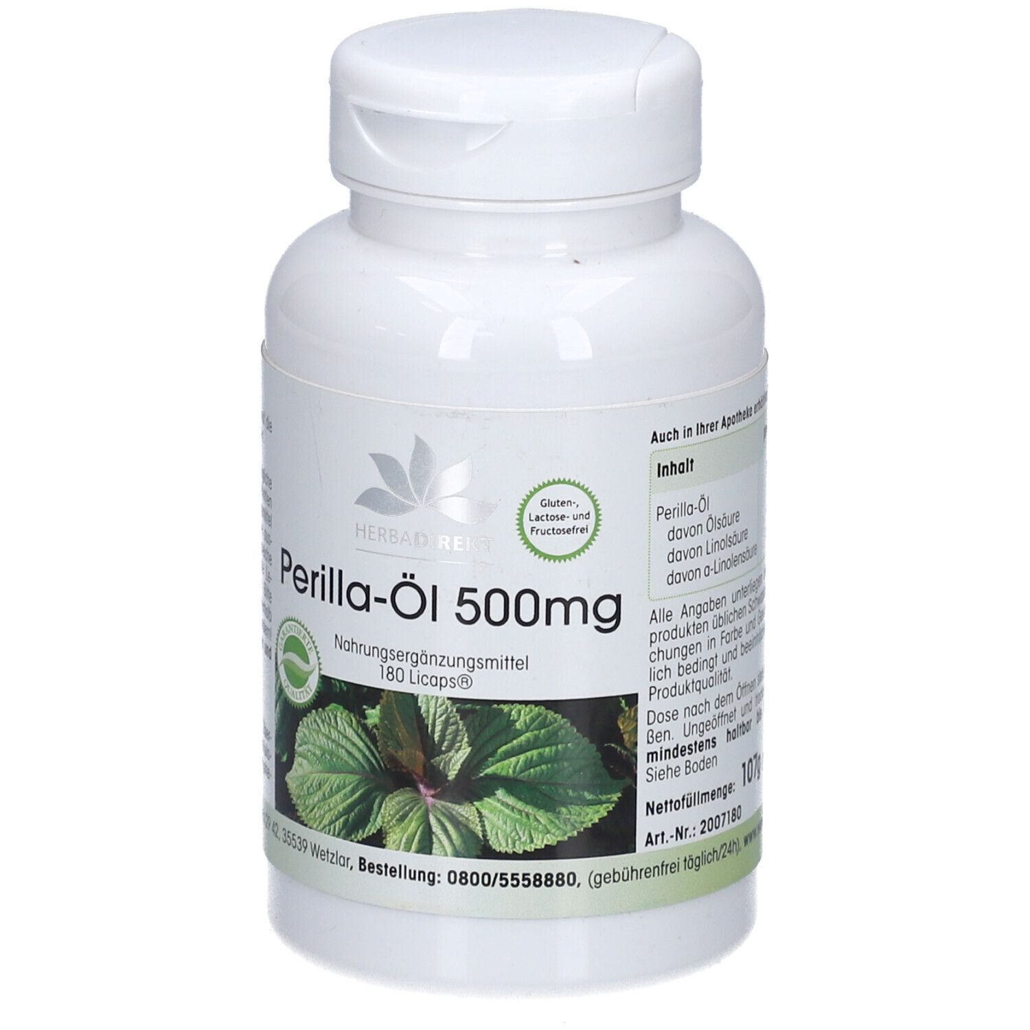 Flacone bianco con tappo a vite. Scritta: Perilla-Öl 500mg, 180 Licaps. Logo e immagine di pianta.