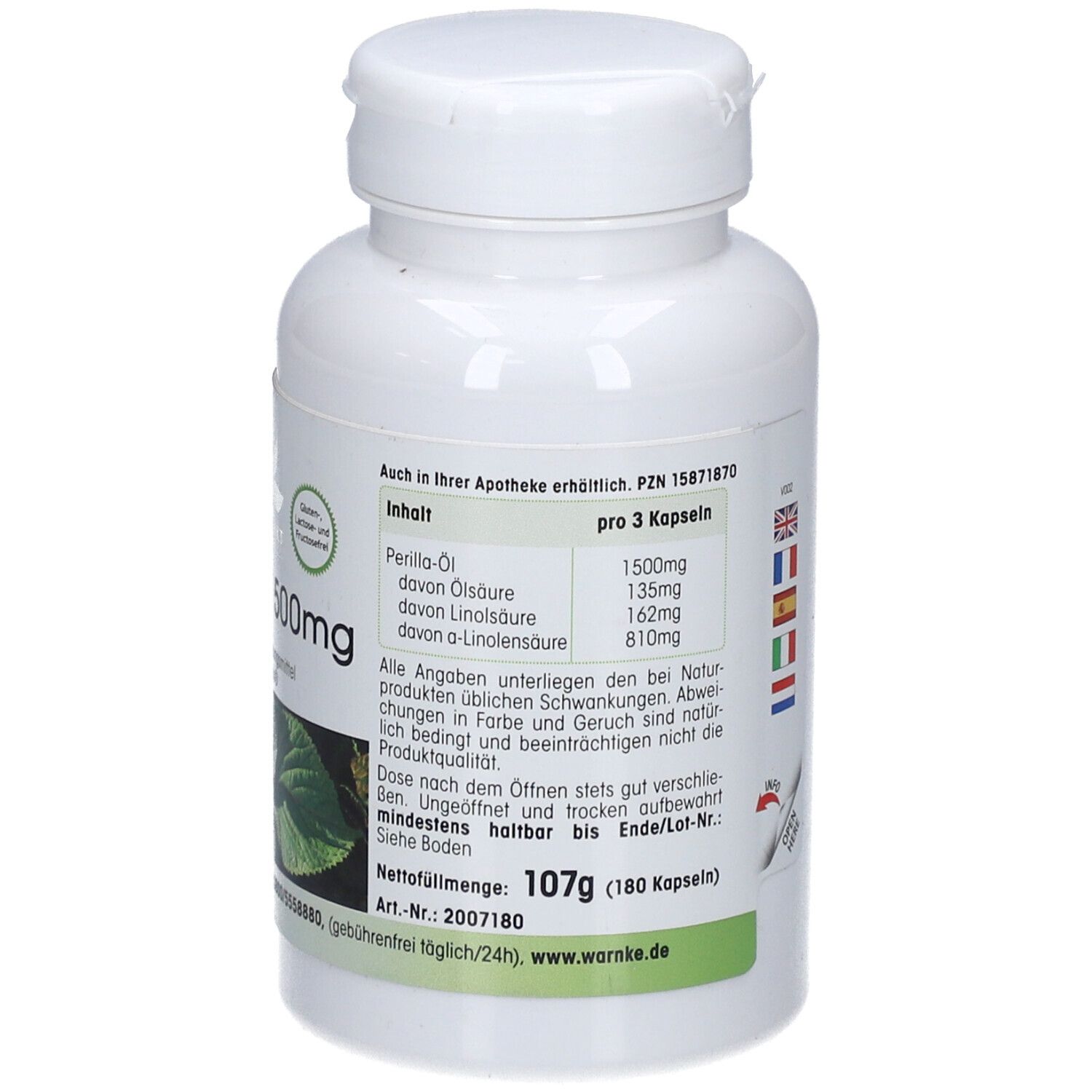 Retro del flacone bianco. Testo: Ingredienti, informazioni nutrizionali, peso netto 107g (180 capsule).