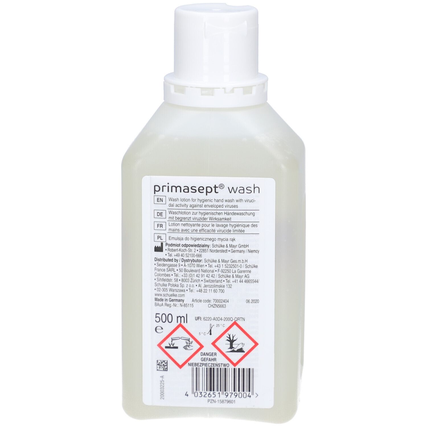 Flacone con tappo bianco. Retro con testo e simboli. Contiene 500 ml. Avvertenze di pericolo.