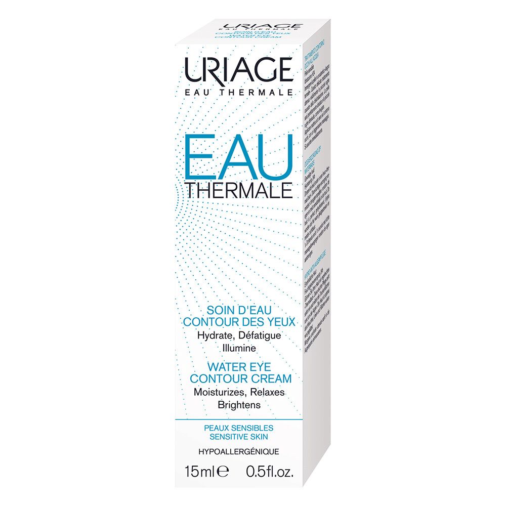 Confezione Uriage Eau Thermale. Bianca, testo blu. Contiene: Eau Thermale, Water Eye Contour Cream. 15ml.