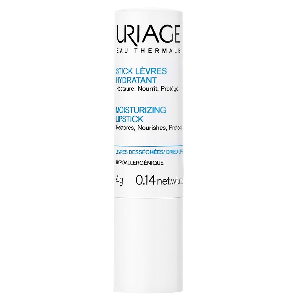Stick labbra bianco. Scritte: URIAGE, STICK LÈVRES HYDRATANT, MOISTURIZING LIPSTICK.