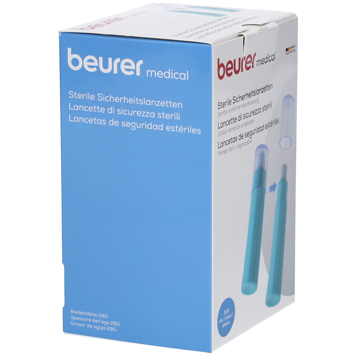 Confezione lancette di sicurezza Beurer 28 G. Lancette monouso azzurro, 200 pezzi.