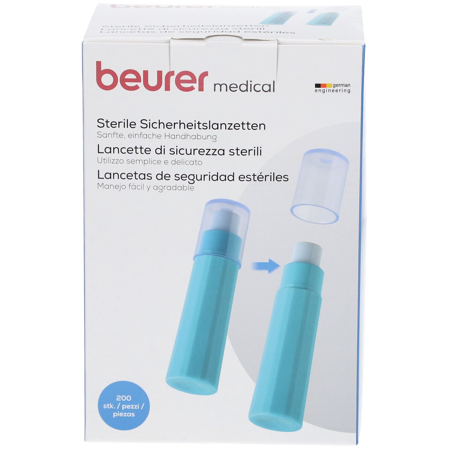 Lancette di sicurezza Beurer 28 G, 200 pezzi. Lancette sterili azzurro, confezione.