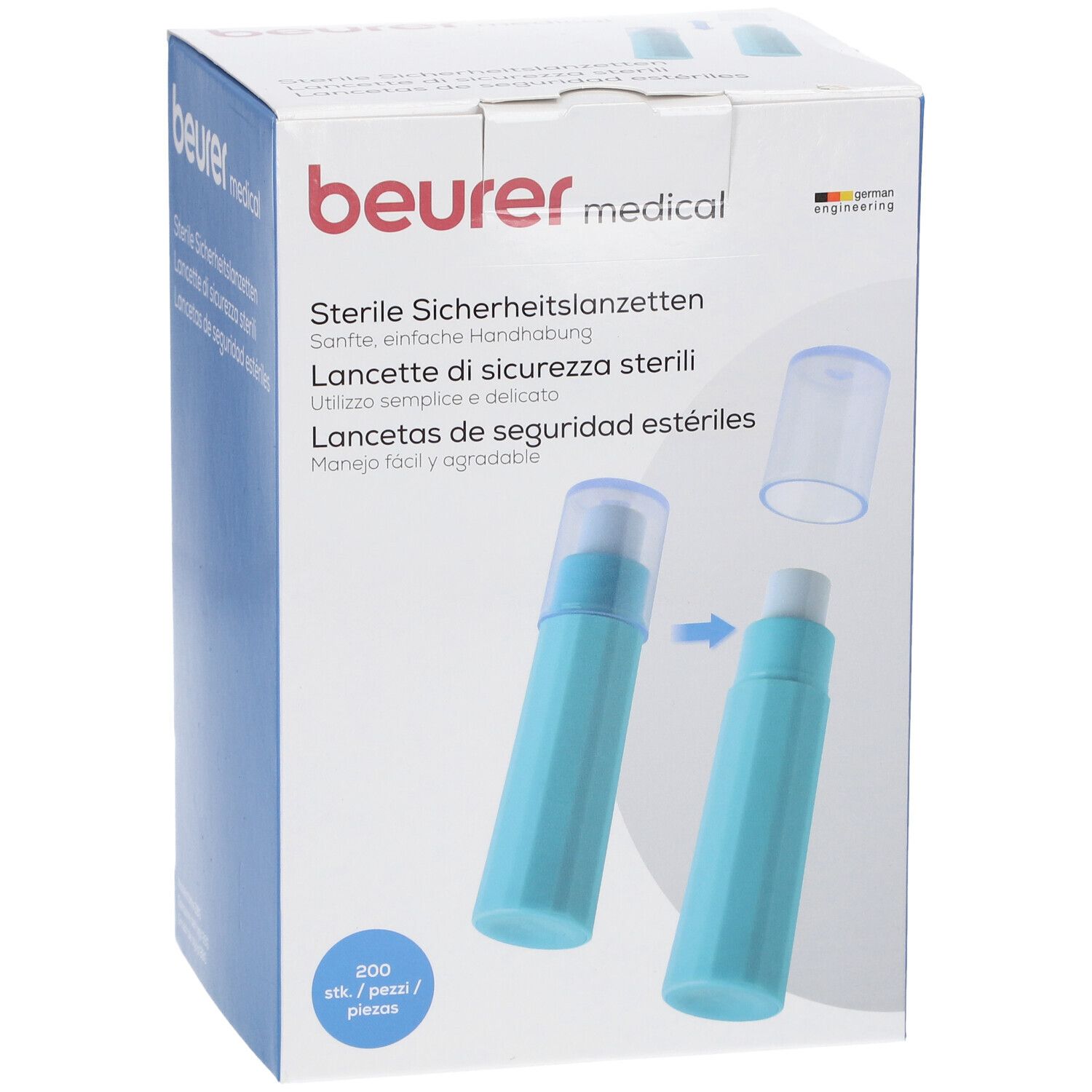 Lancette di sicurezza Beurer 28 G, 200 pezzi. Lancette sterili, azzurro.