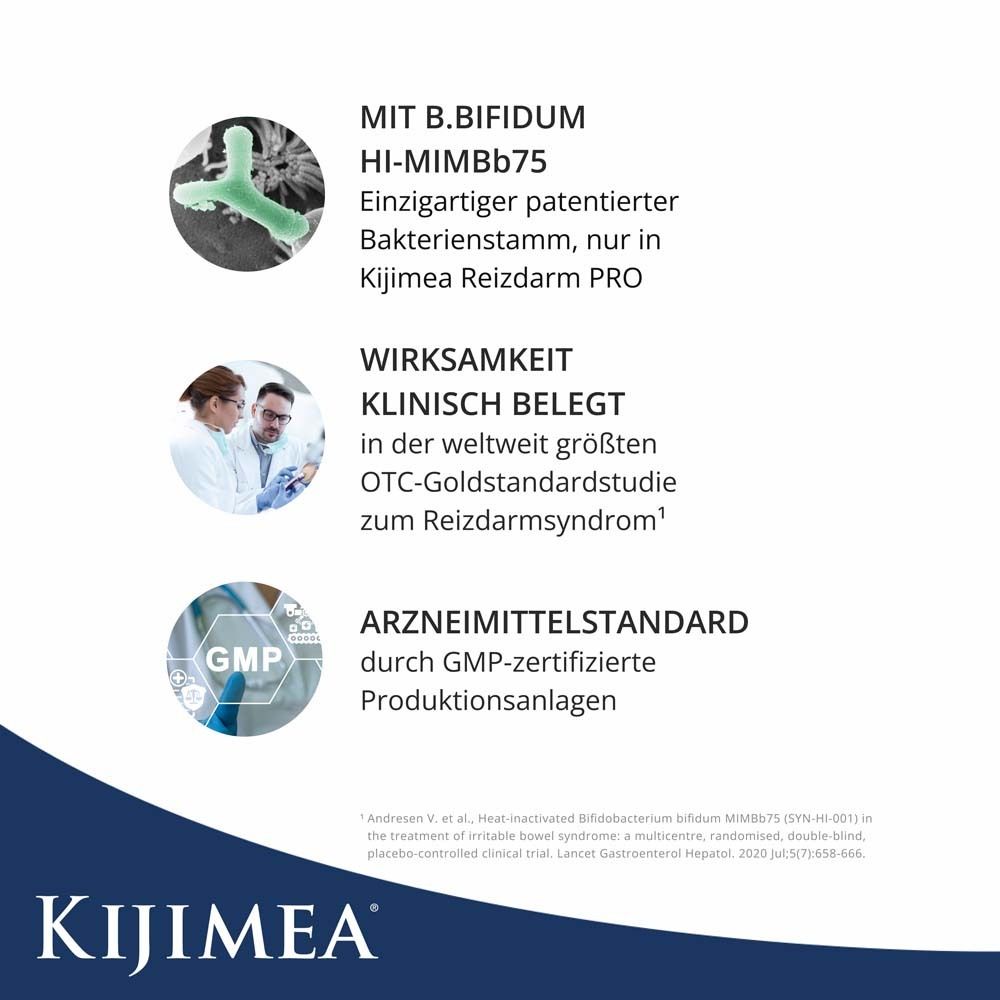 Infografica con testo. B.BIFIDUM HI-MIMBb75, ceppo batterico unico. Clinicamente provato. Certificazione GMP. Logo KIJIMEA.