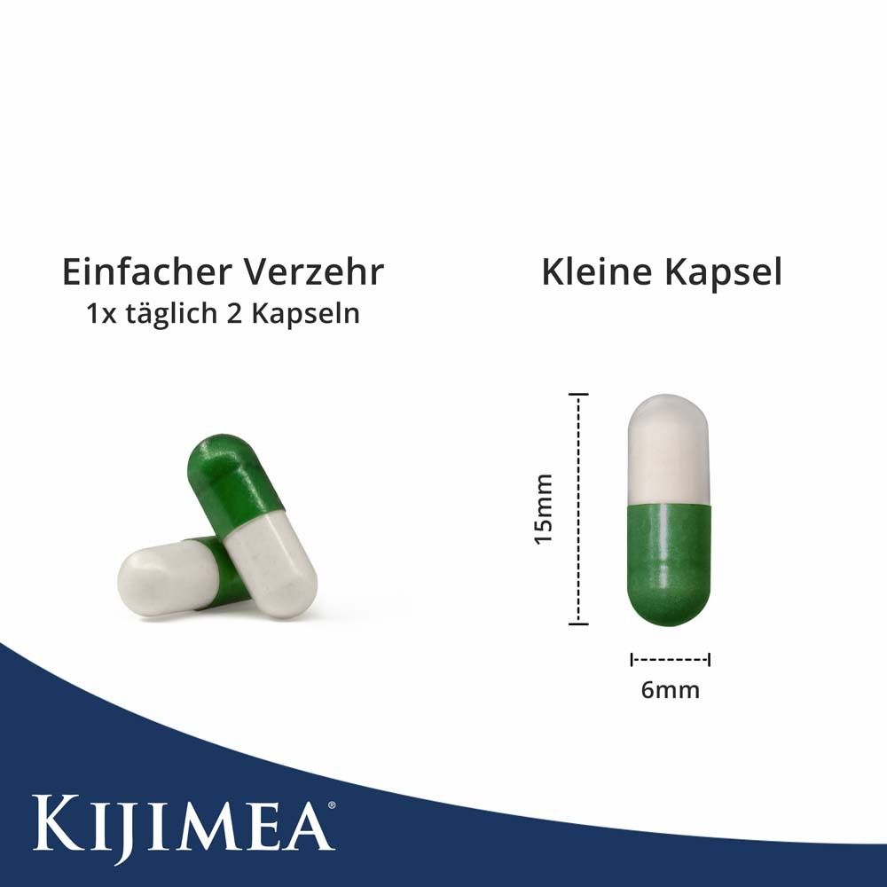 Due capsule, verde e bianco. Lunghezza 15mm, diametro 6mm. Testo: 1x al giorno 2 capsule. Logo KIJIMEA.