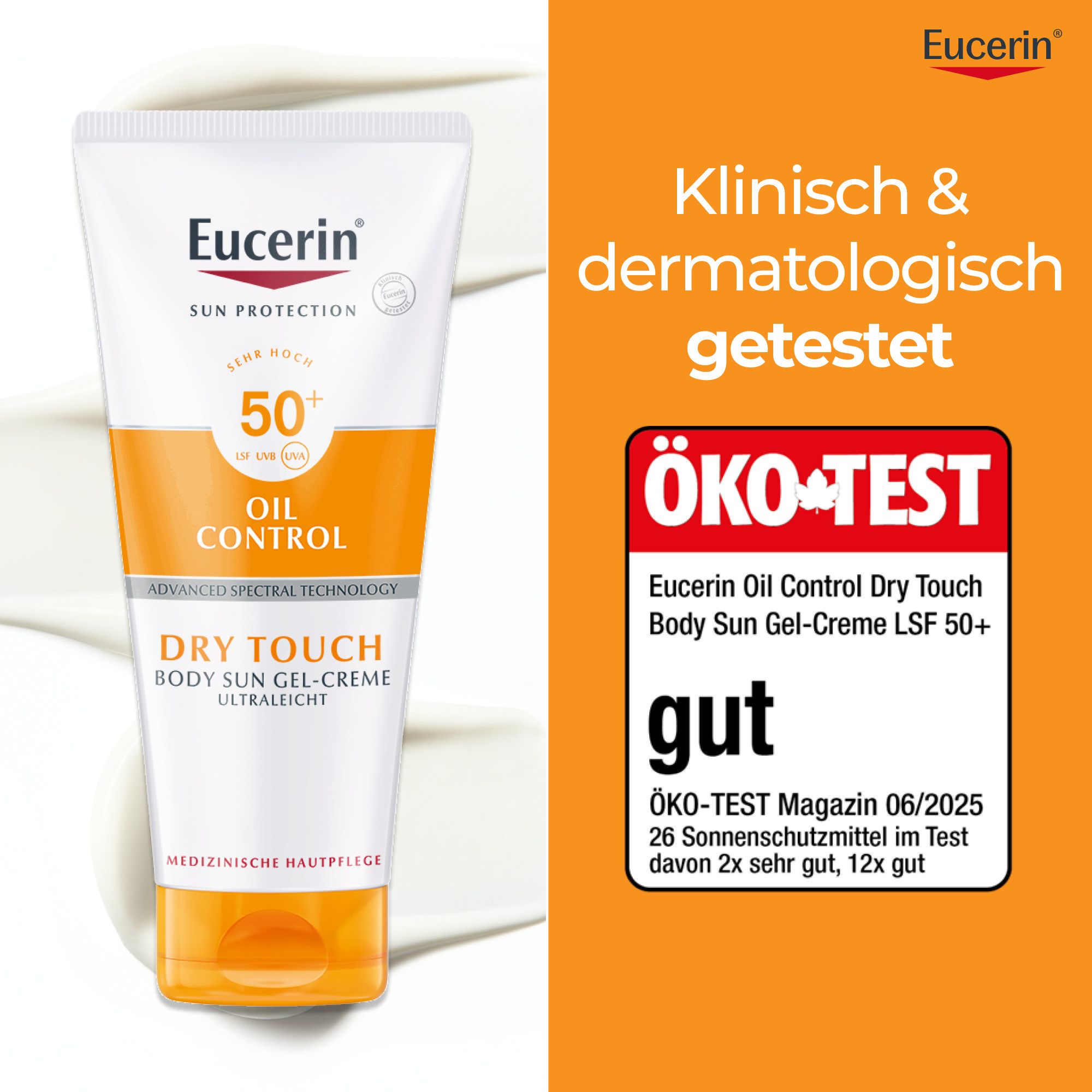 Tubo di protezione solare Eucerin. Adesivo con il marchio ÖKO-TEST "buono". Testo: Eucerin Oil Control Dry Touch Body Sun Gel-Creme LSF 50+.