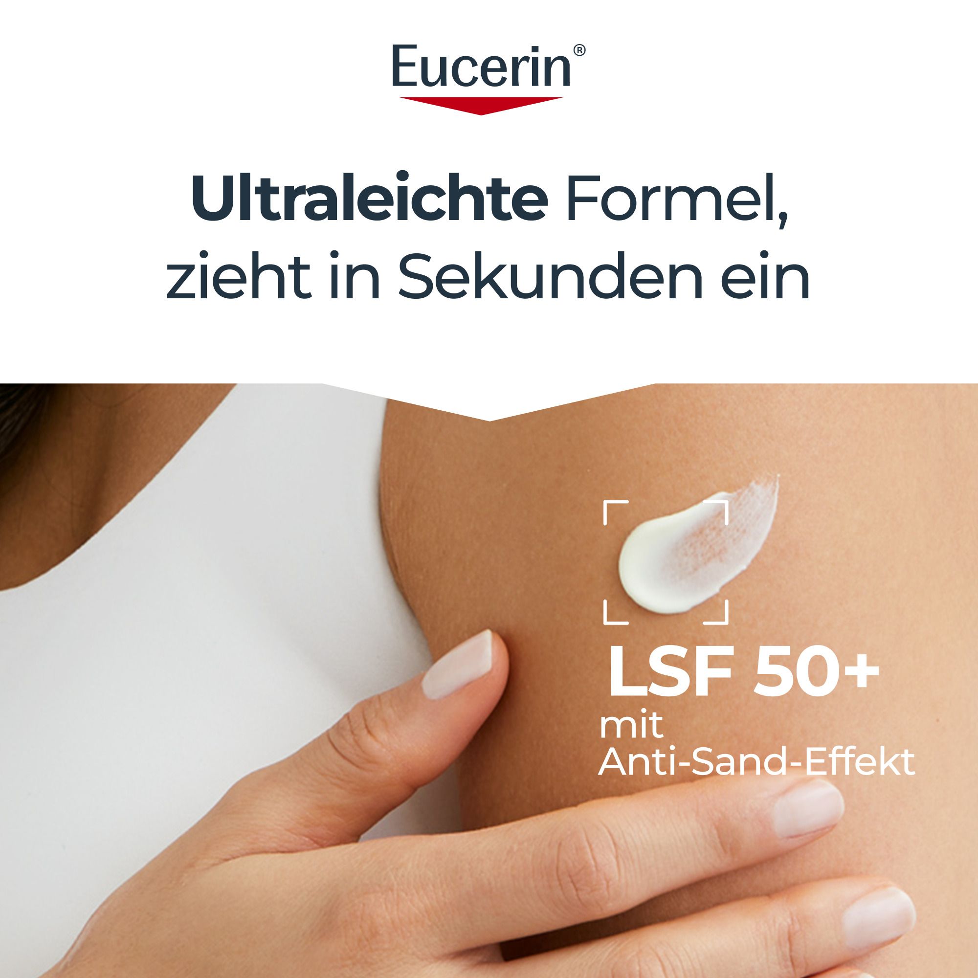 Persona mostra crema sulla pelle. Testo: Formula ultraleggera, si assorbe in pochi secondi. SPF 50+ con effetto anti-sabbia.